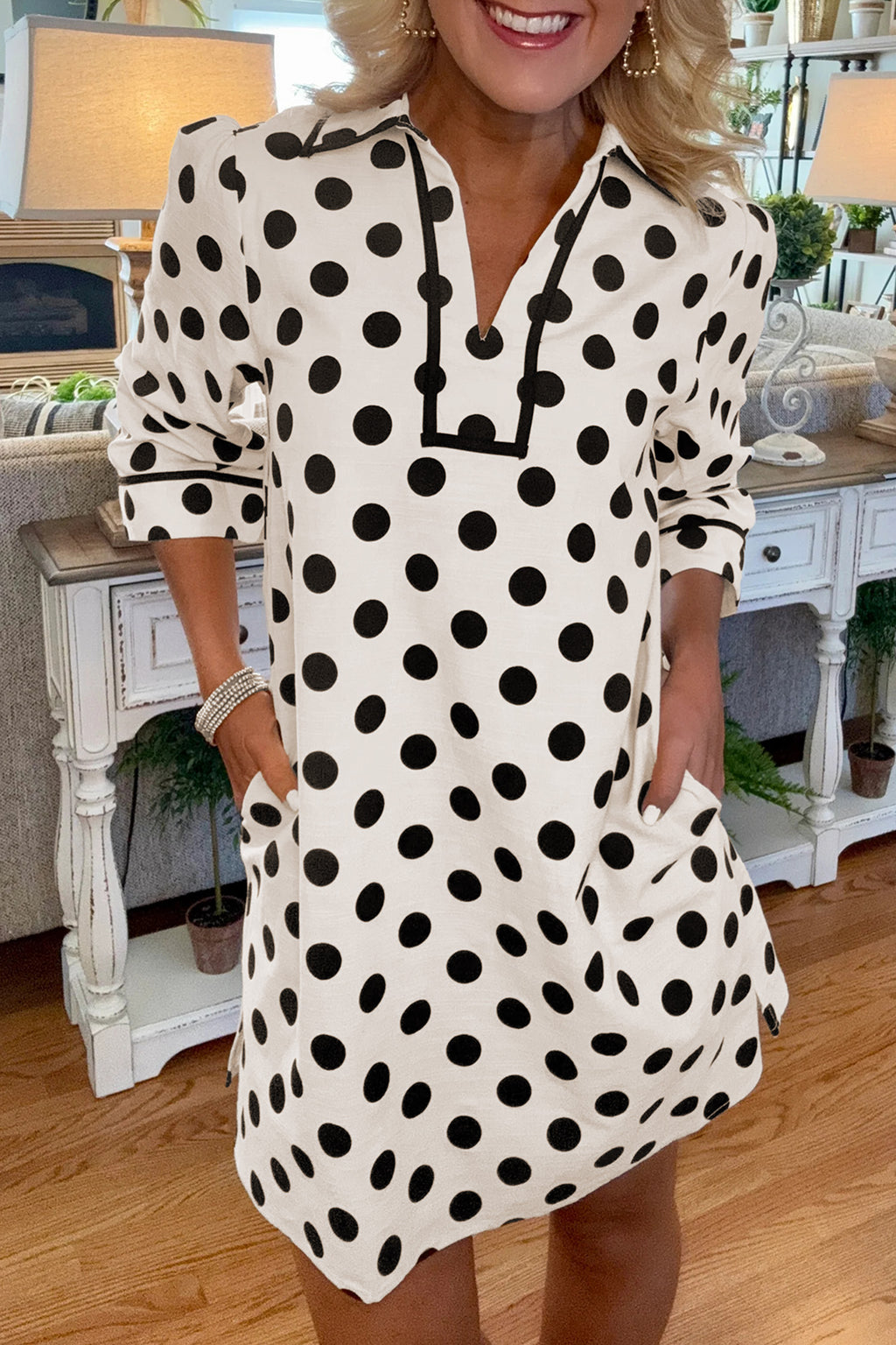 White Polka Dot Half Sleeve Collar V Neck Pocketed Casual Mini Dress