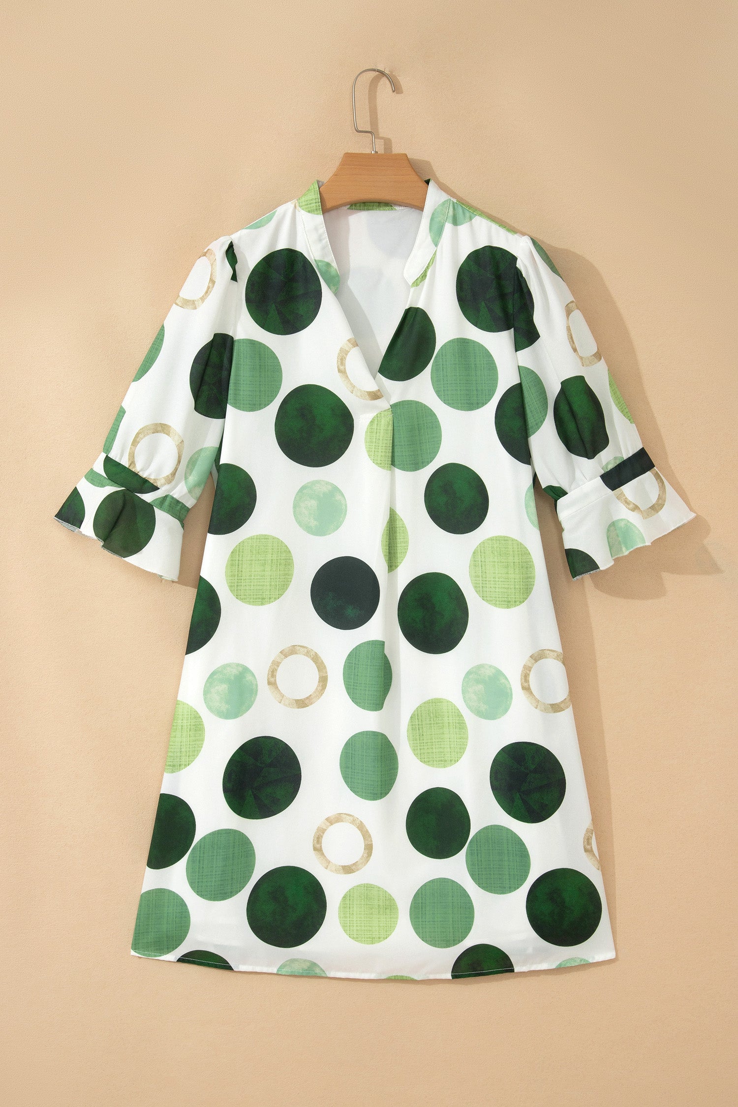 Green Polka Dot Print Flounced Half Sleeve Casual Vacation Style Mini Dress