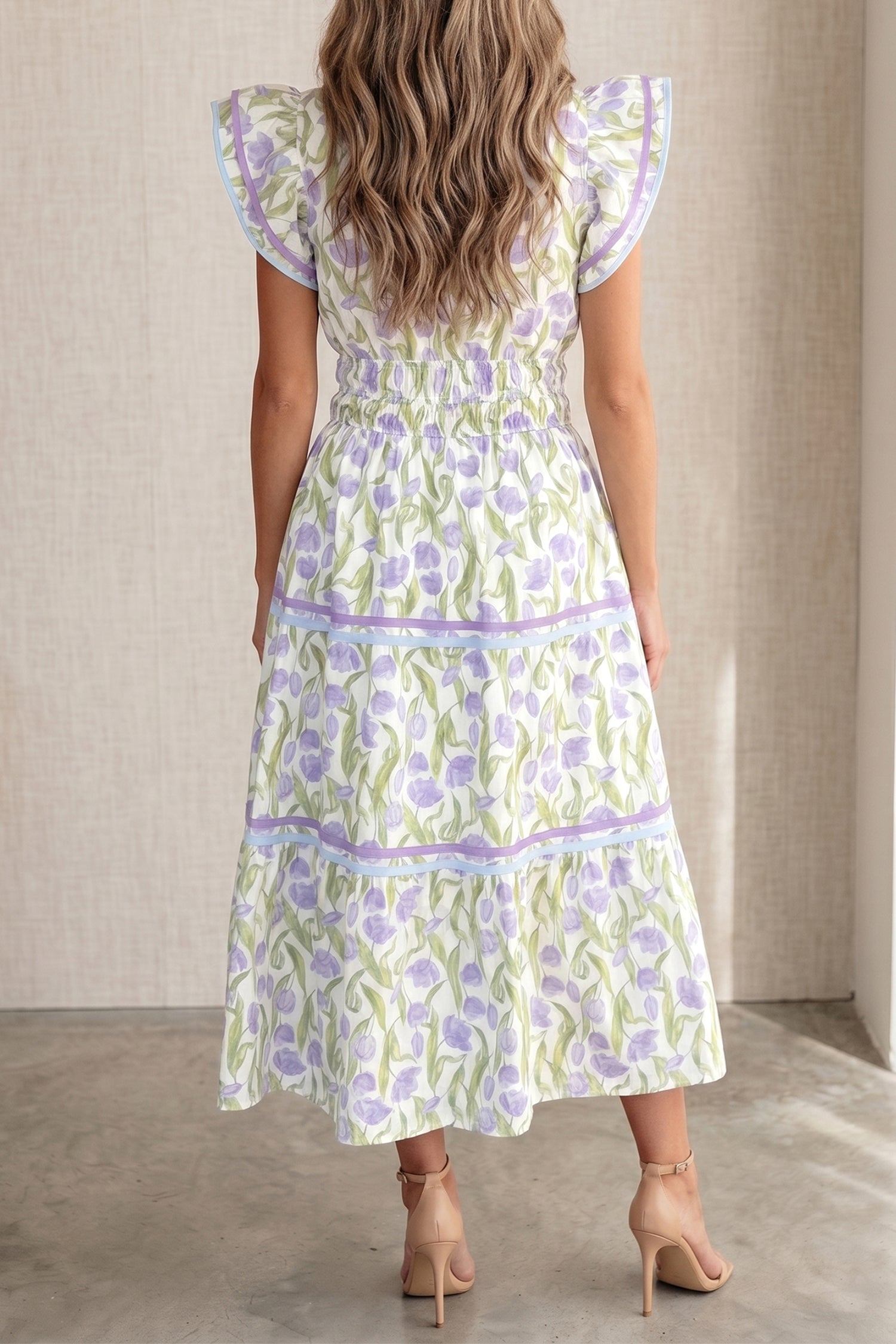 Purple Tulip Floral Print Contrast Trim Midi Dress