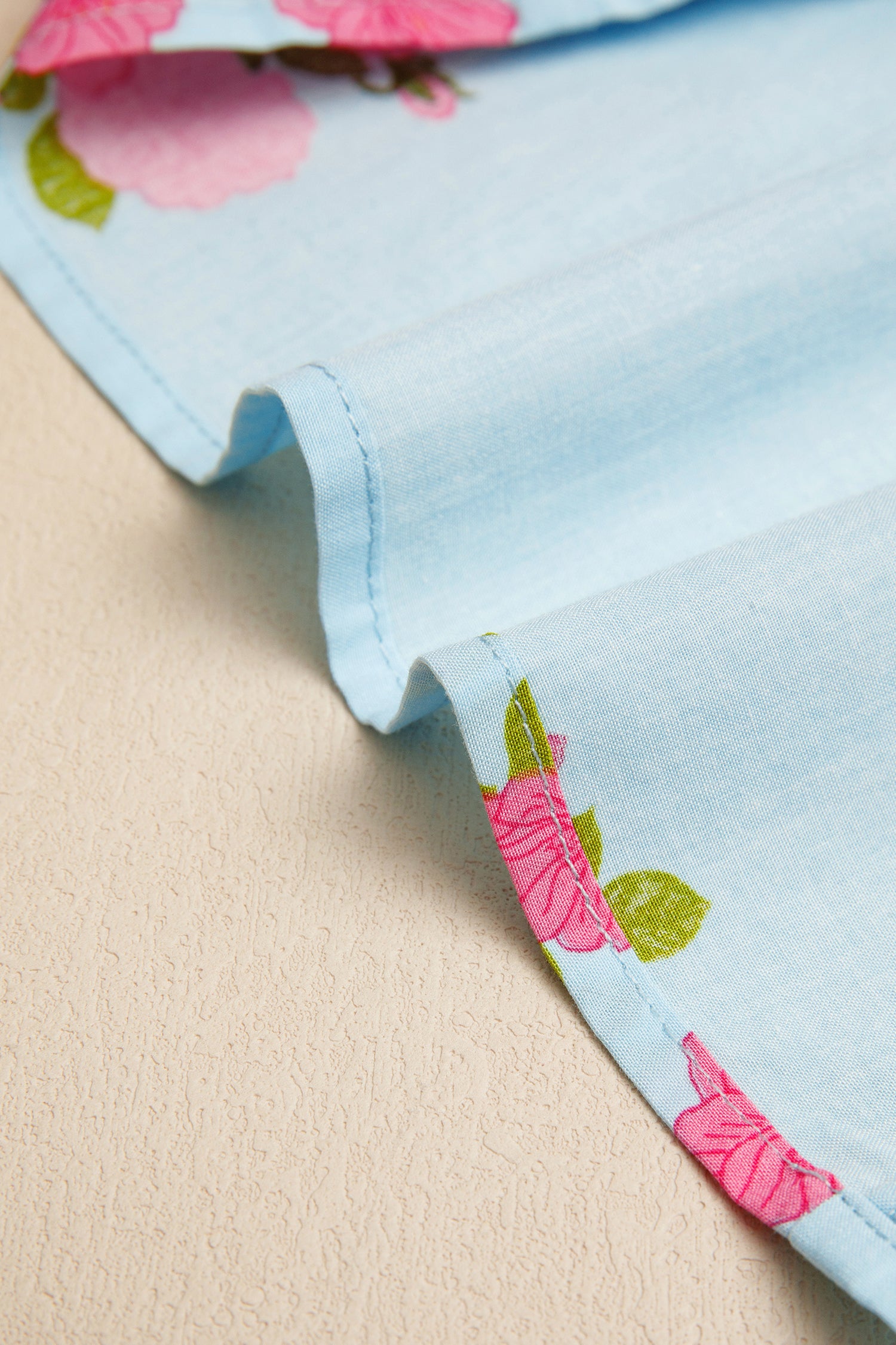 Sky Blue Floral Printed Contrast Ricrac Detail Bubble Sleeve Dress