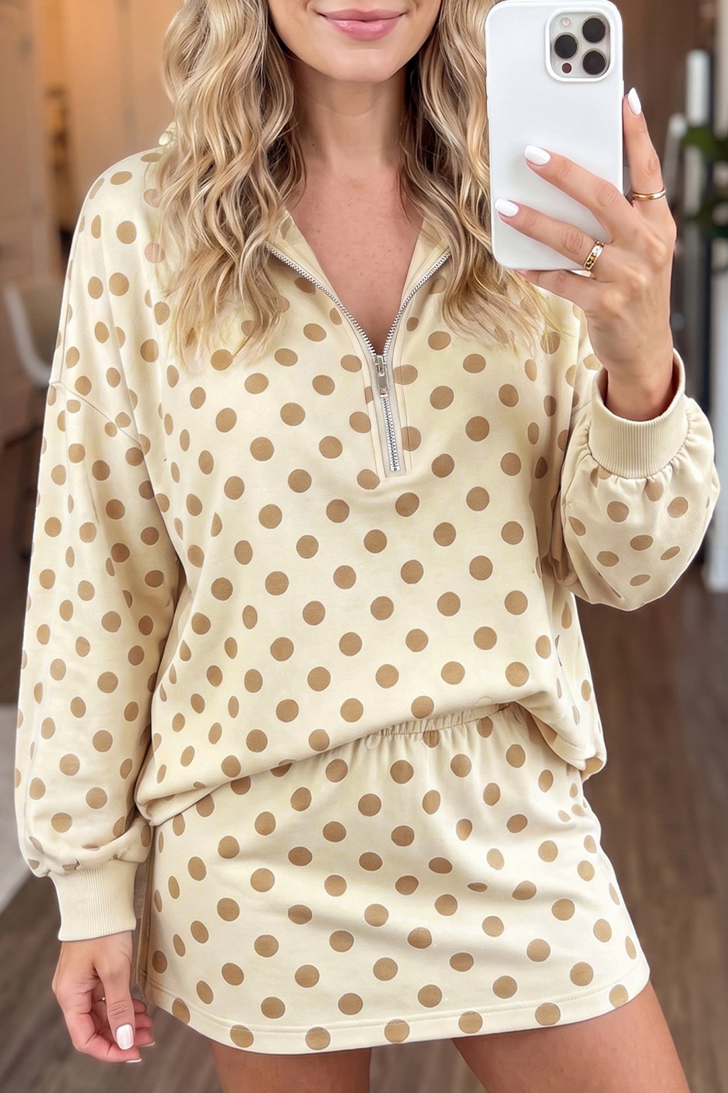 Pink Polka Dot Hooded Long Sleeve Top Casual Mini Skort Set