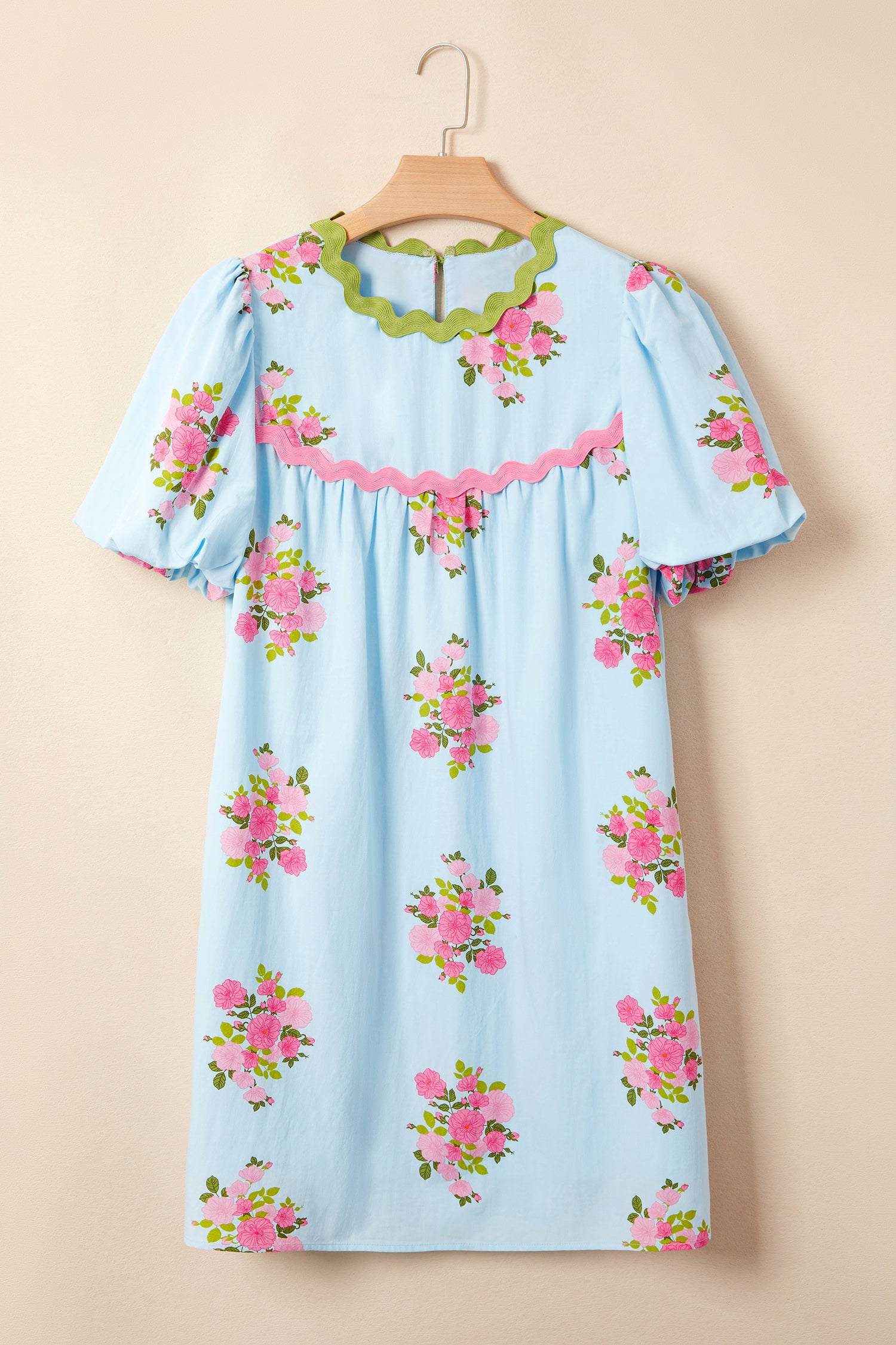 Sky Blue Floral Printed Contrast Ricrac Detail Bubble Sleeve Dress