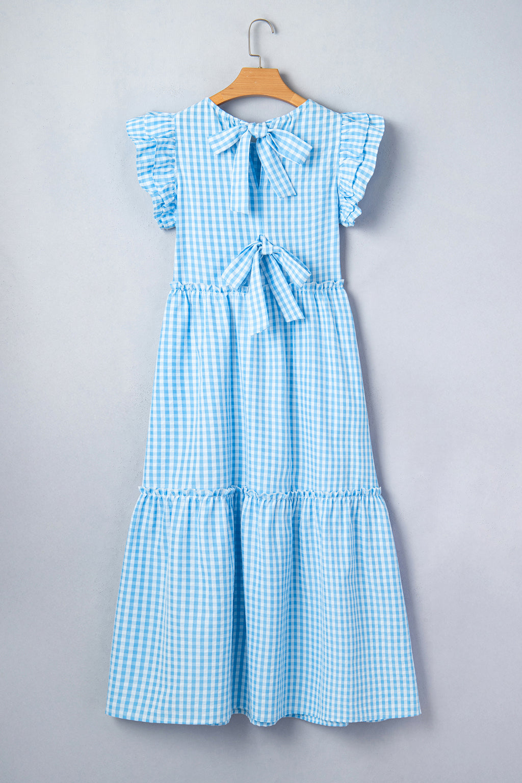 Blue Knot Back Ruffled Short Sleeve Gingham Maxi Dress