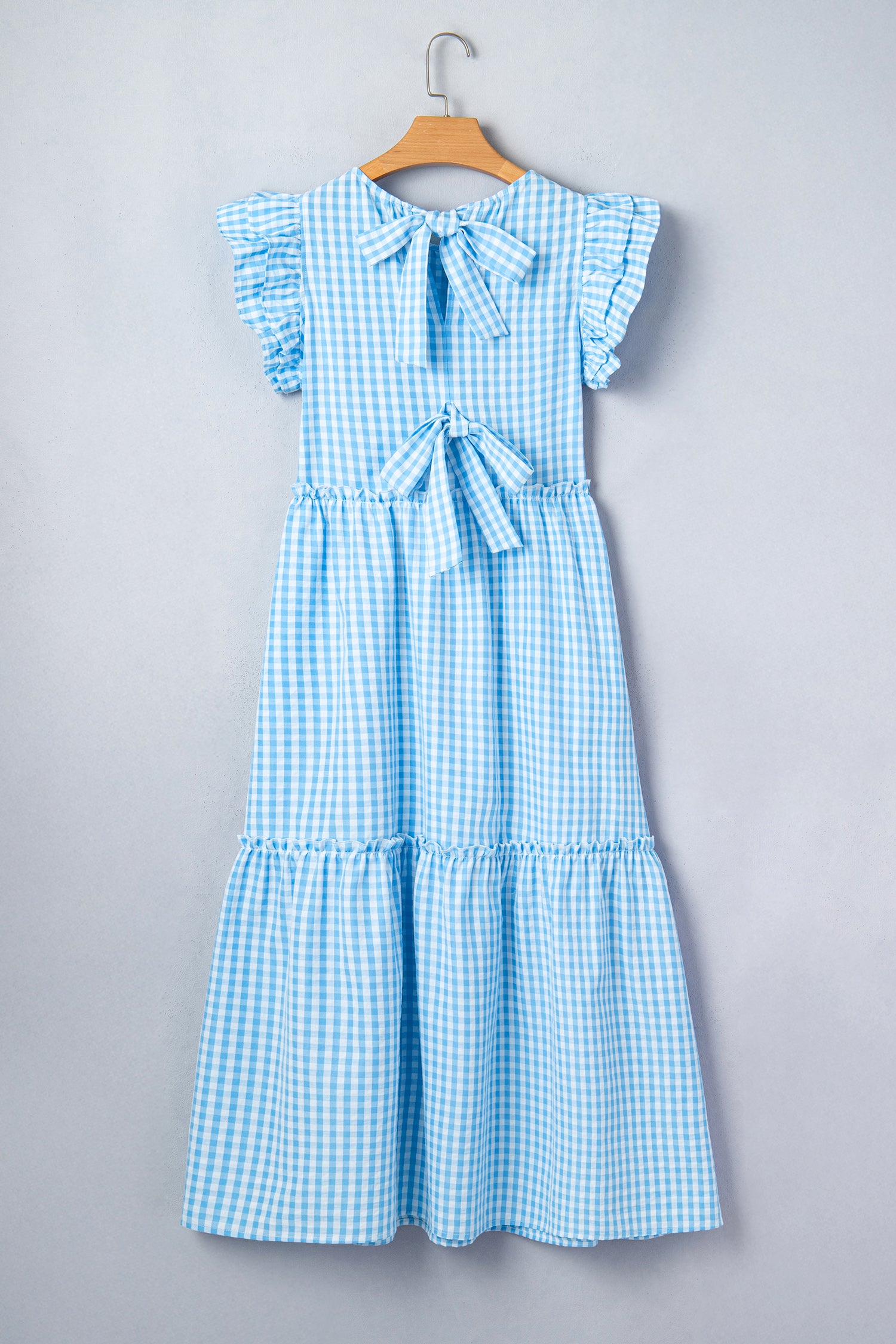 Blue Knot Back Ruffled Short Sleeve Gingham Maxi Dress