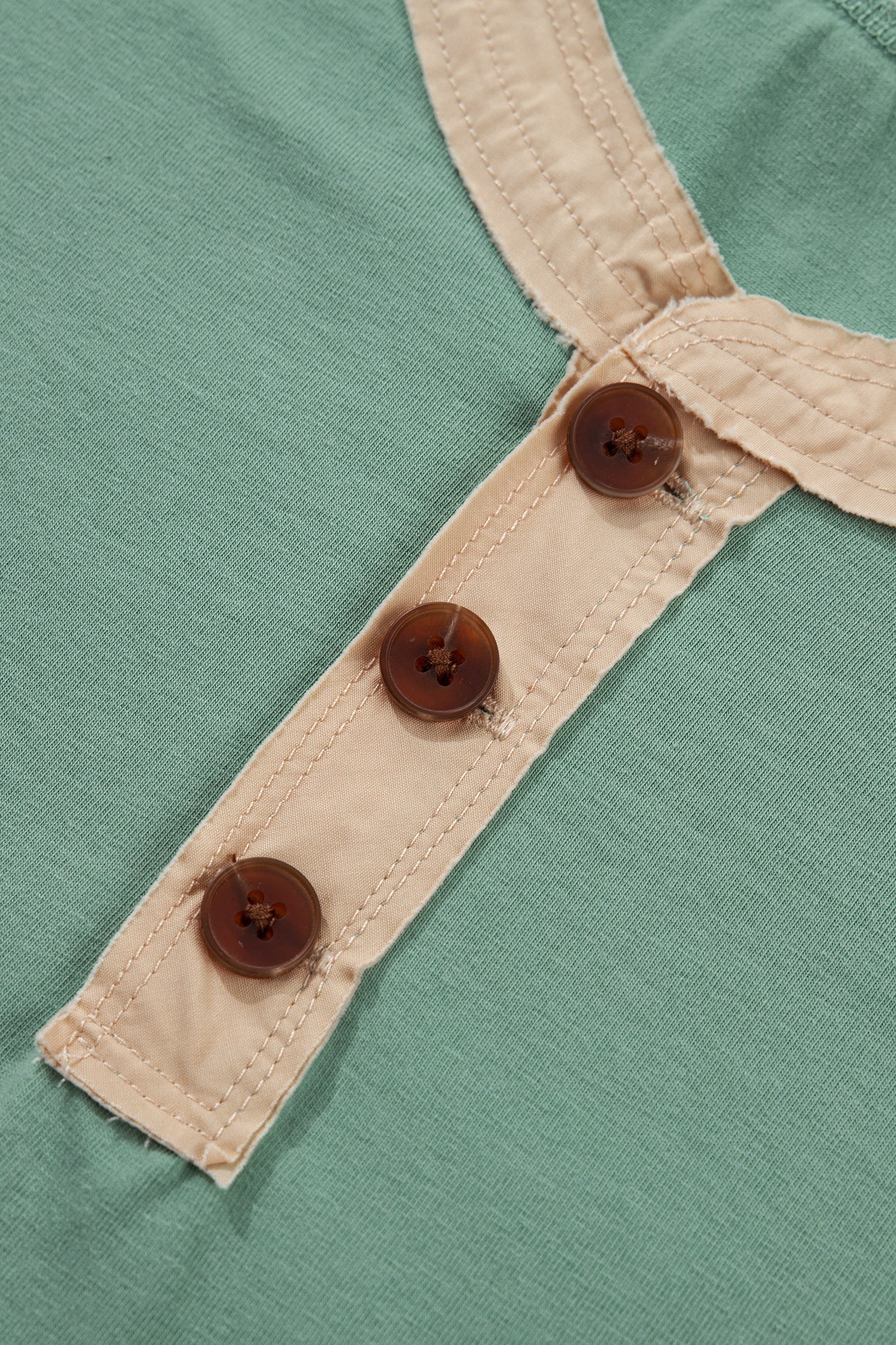Mint Green Raw Seam Color Block Detail Buttoned Henley Tee