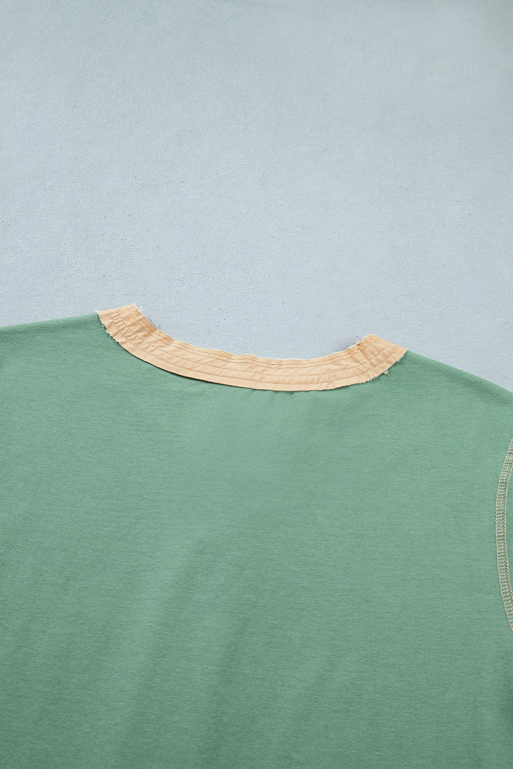Mint Green Raw Seam Color Block Detail Buttoned Henley Tee