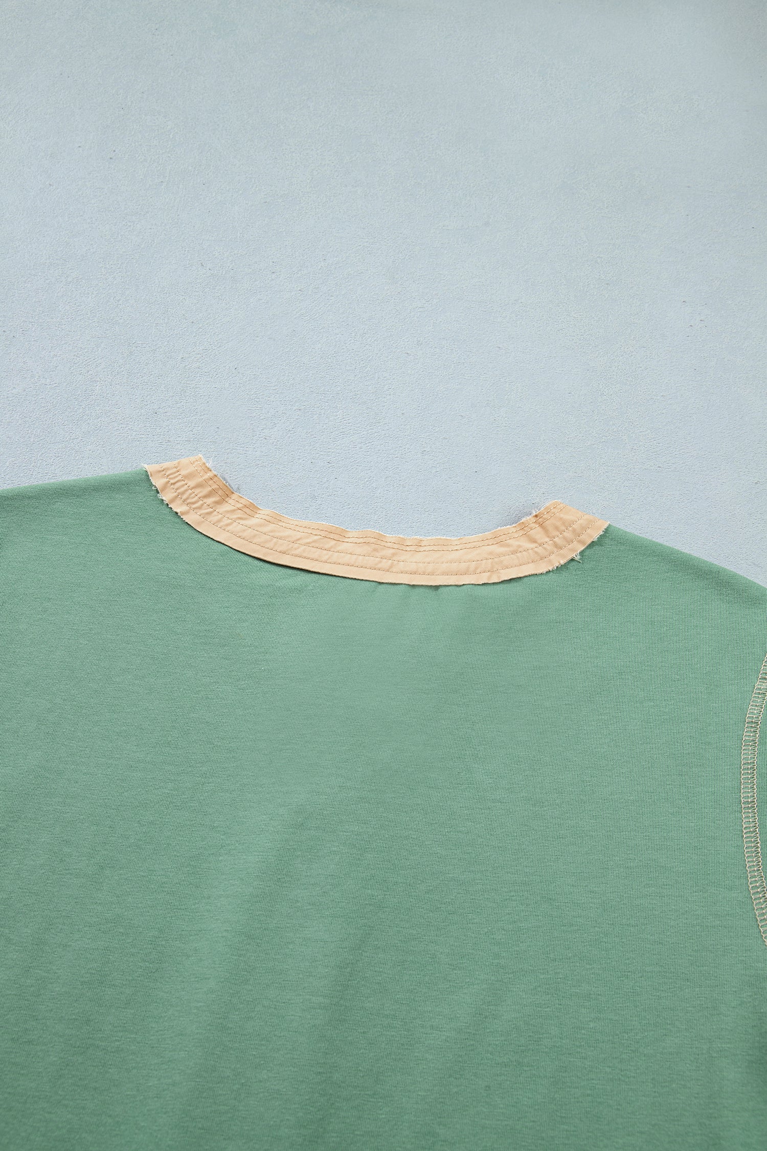 Mint Green Raw Seam Color Block Detail Buttoned Henley Tee