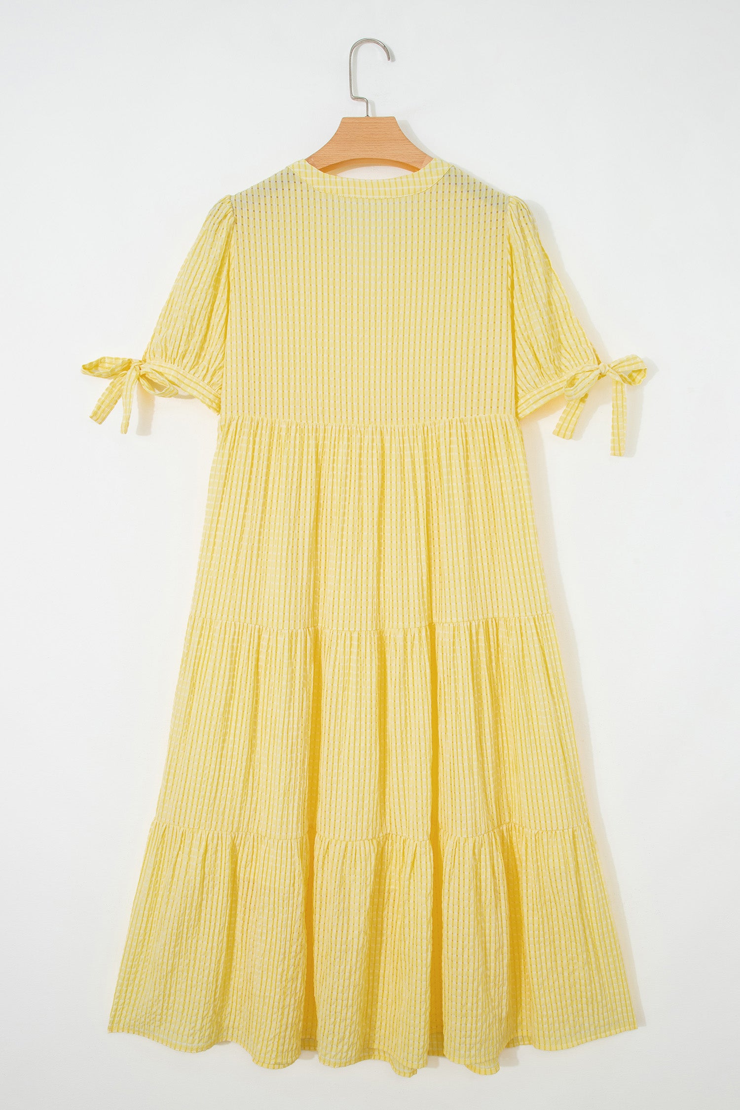 Yellow Gingham Textured Bow Tie Short Sleeve Tiered Midi Dress