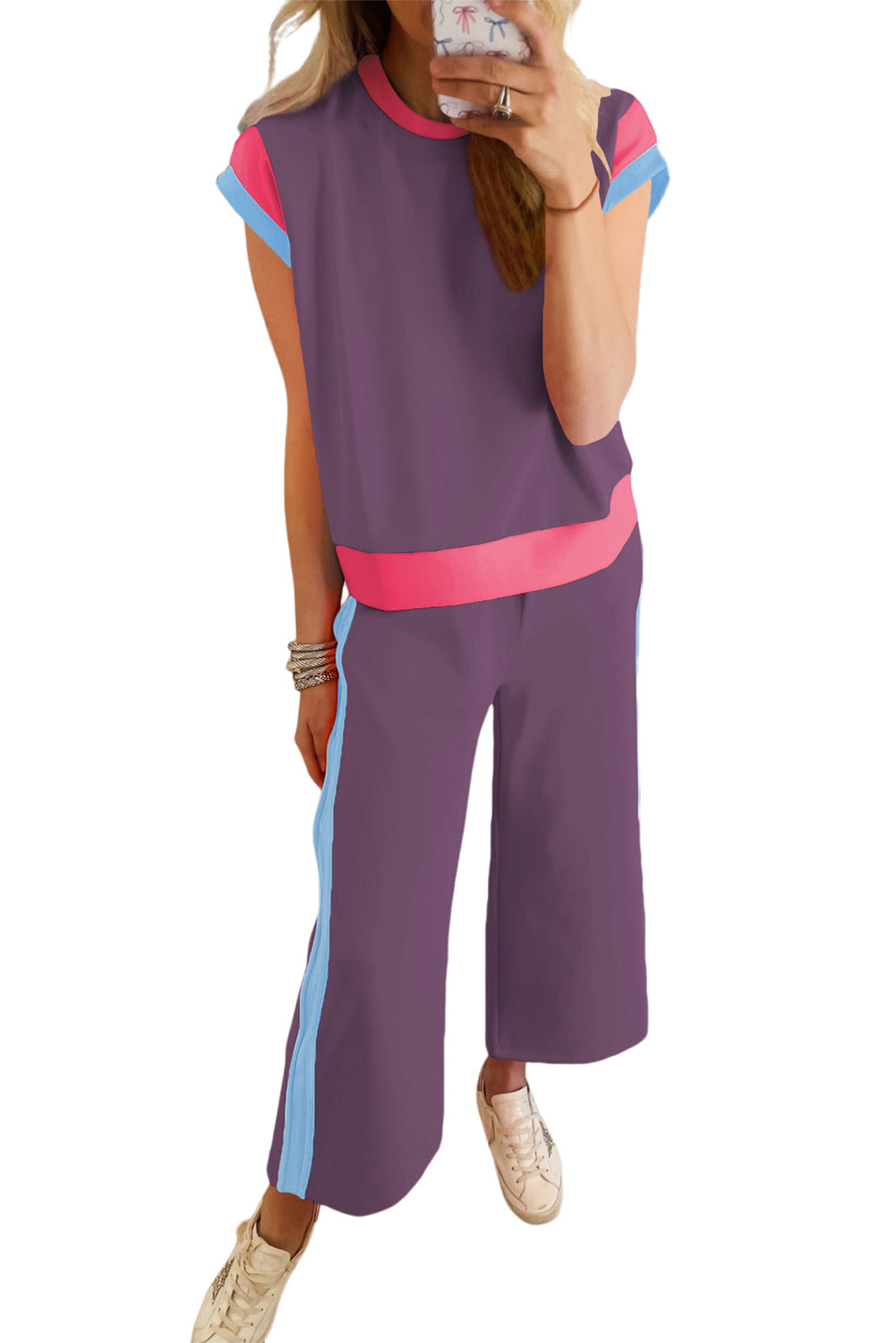 Racing Red Color Block Detail Casual Two-piece Set