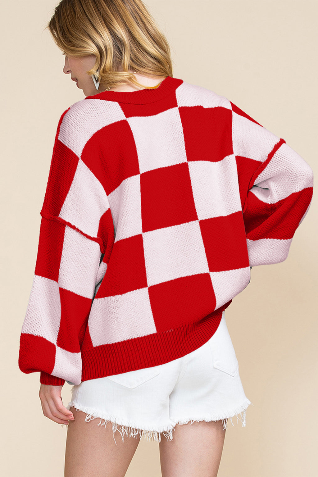 Gray Checkered Bishop Sleeve Sweater