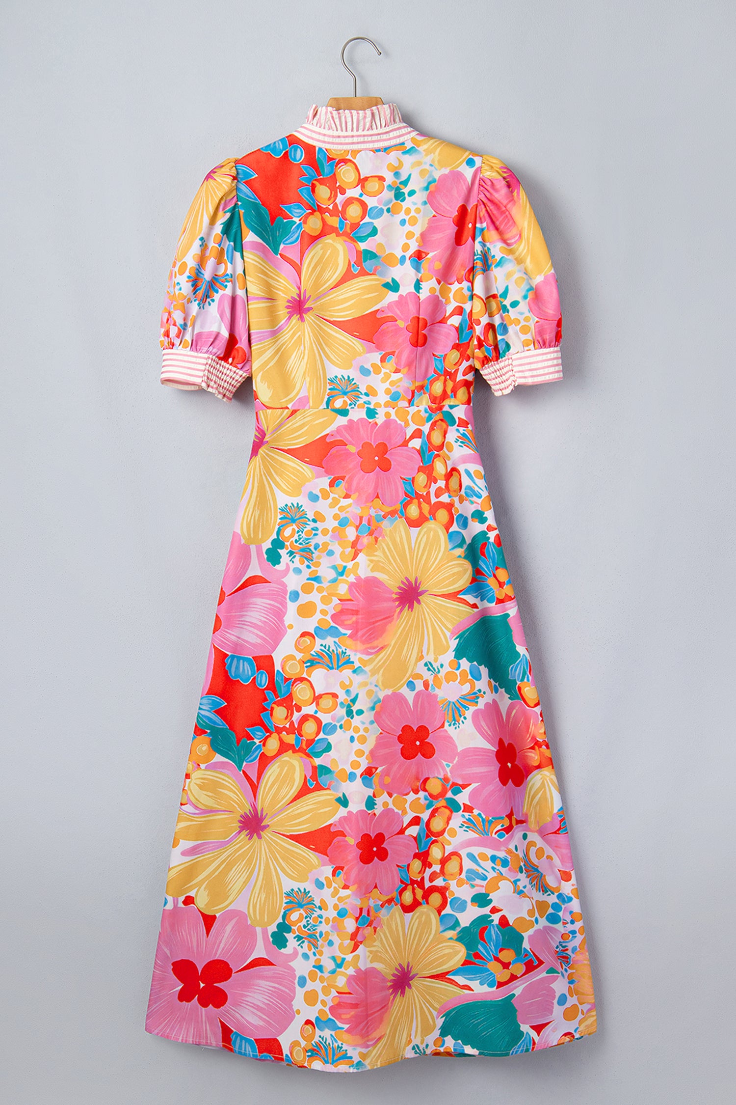 Green Stripe Floral Print Striped Trim Button Down Short Sleeve Vacation Dress