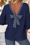 Blue Polka Dot Trimmed V Neck Bow Tie Textured Ribbed Top