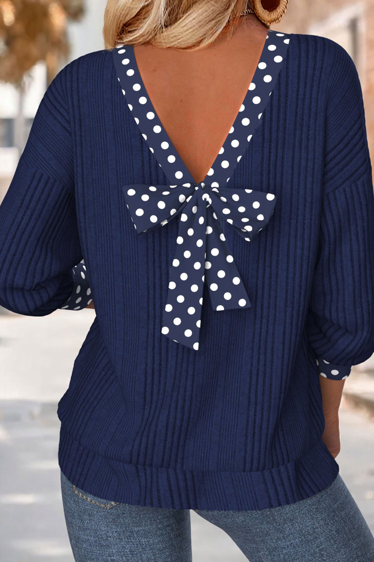 Blue Polka Dot Trimmed V Neck Bow Tie Textured Ribbed Top