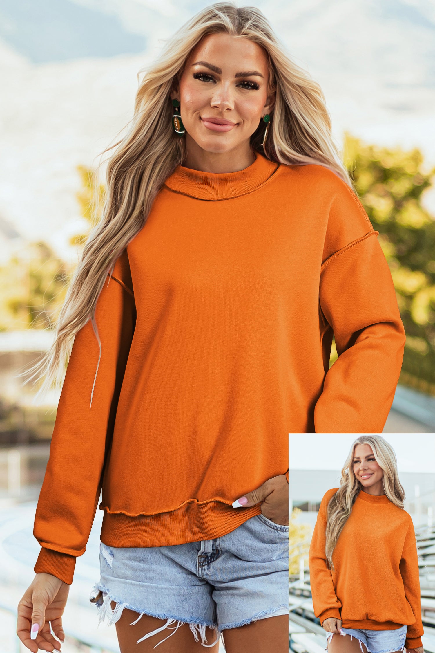 Red Dahlia Oversize Drop Shoulder Reversible Mock Neck Sweatshirt
