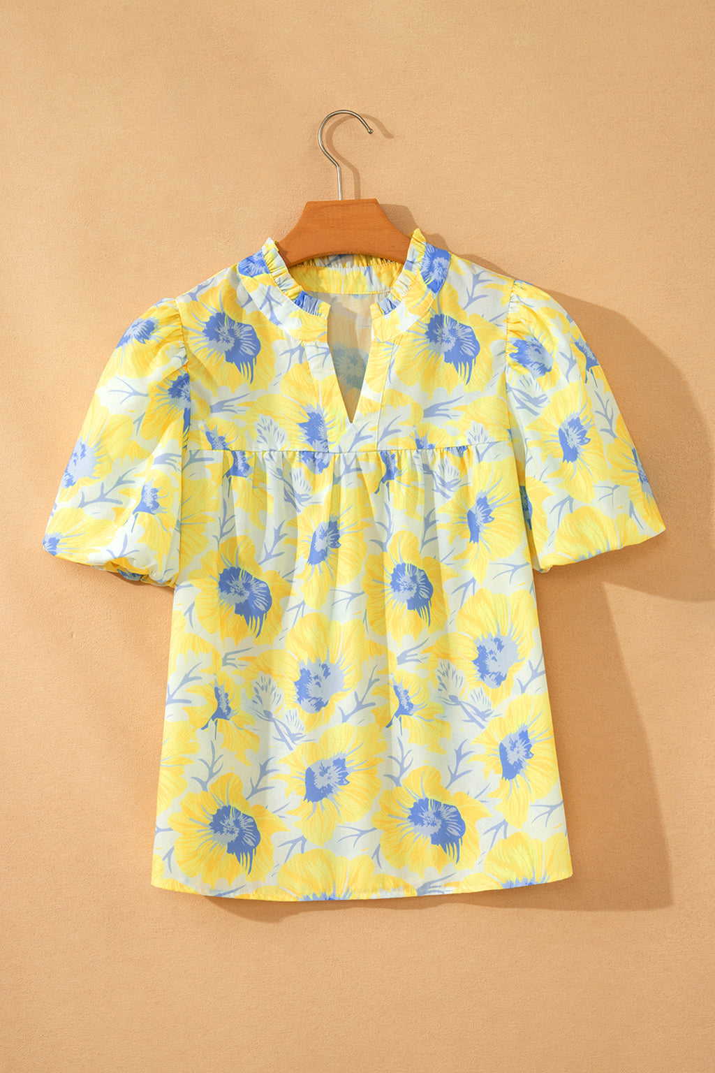 Green Short Bubble Sleeve Summer Floral Blouse