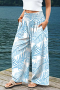 Sky Blue Geometric/ Floral/ Botanic Print Shirred Waistband Wide Leg Pants
