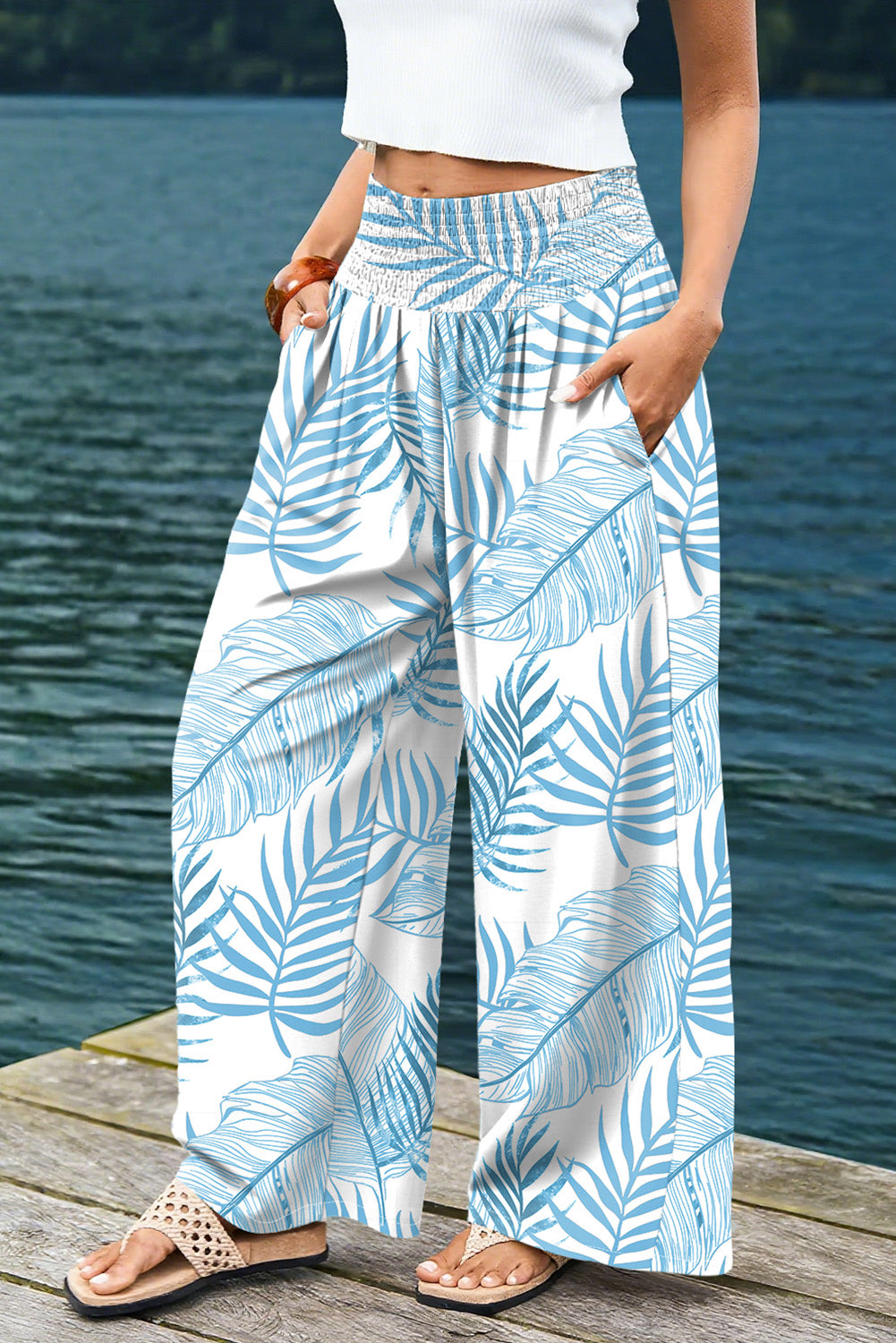 Sky Blue Geometric/ Floral/ Botanic Print Shirred Waistband Wide Leg Pants
