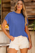 Dark Blue Textured Knit Exposed Stitching T-shirt