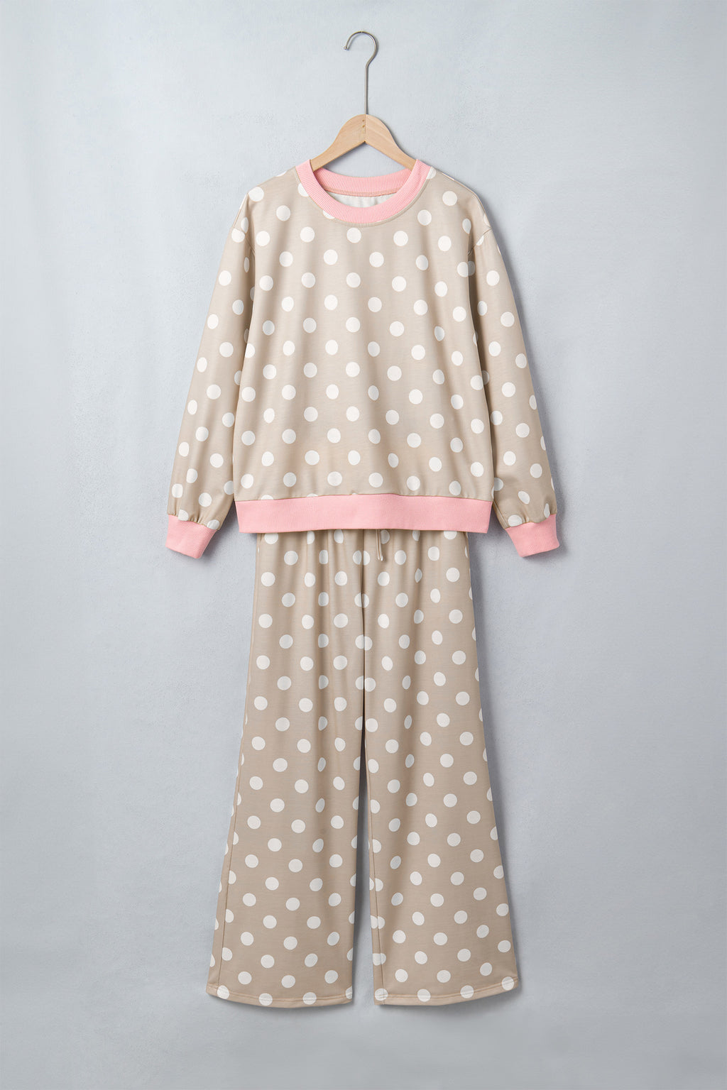 Pink Polka Dot Contrast Trim Long Sleeve Top Drawstring Shift Pants Set