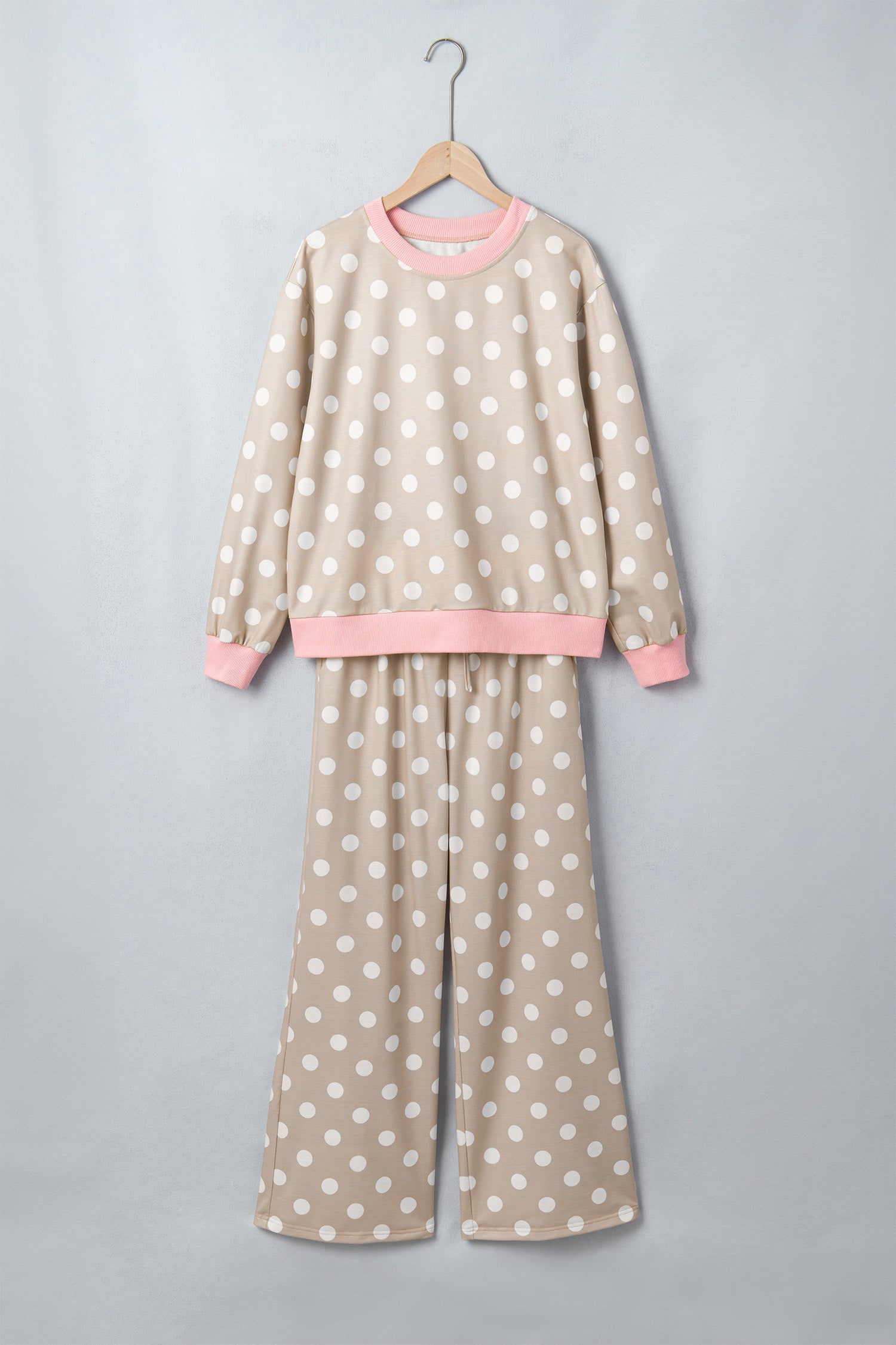 Pink Polka Dot Contrast Trim Long Sleeve Top Drawstring Shift Pants Set