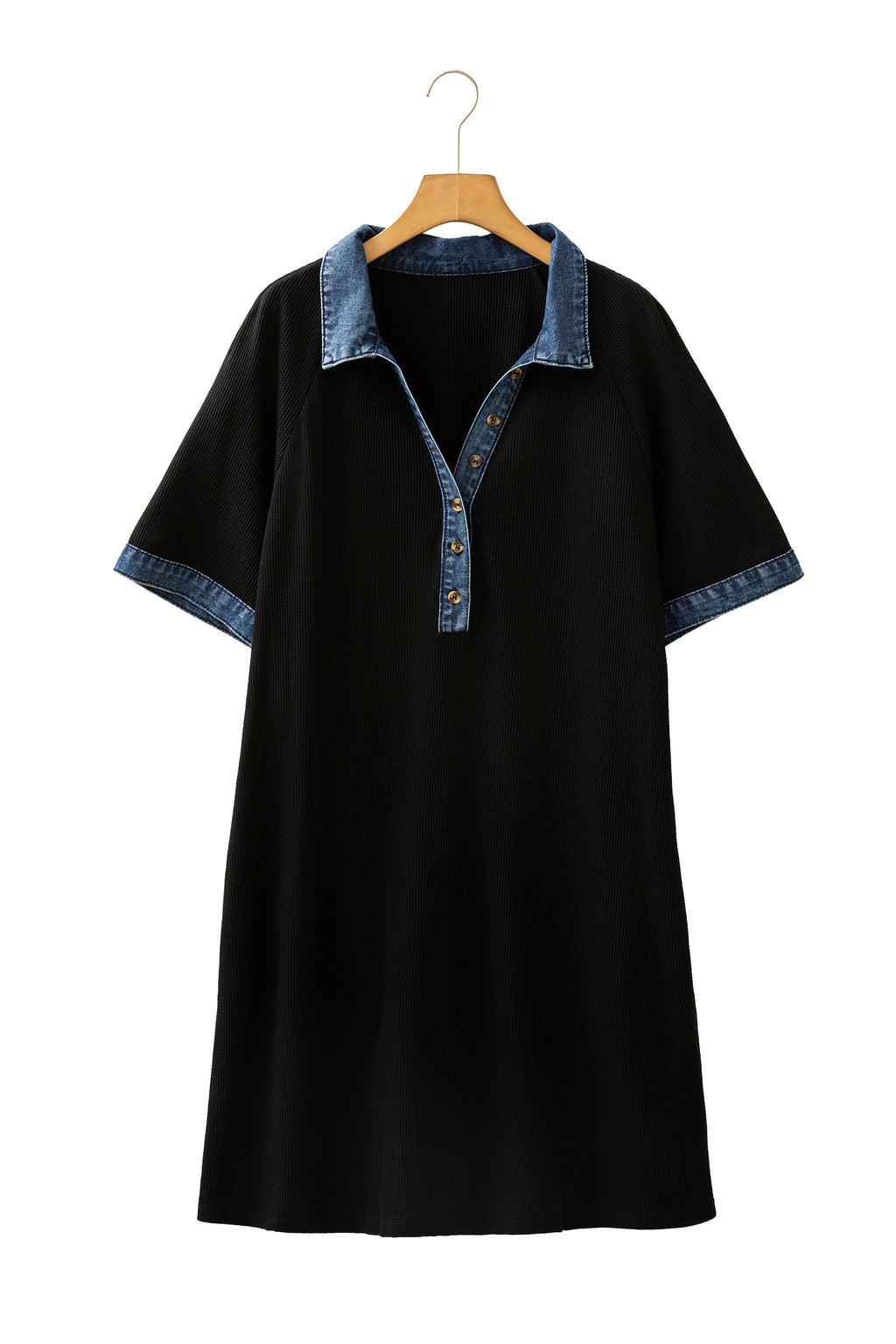 Black Colorblock Denim Collar Short Sleeve Plus Size Shift Dress