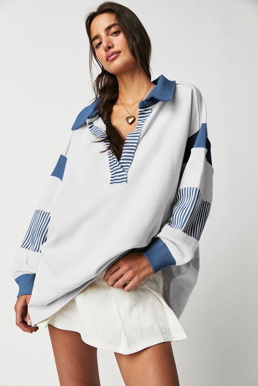 Light French Beige Striped Colorblock Patchwork Collar Sweatshirt