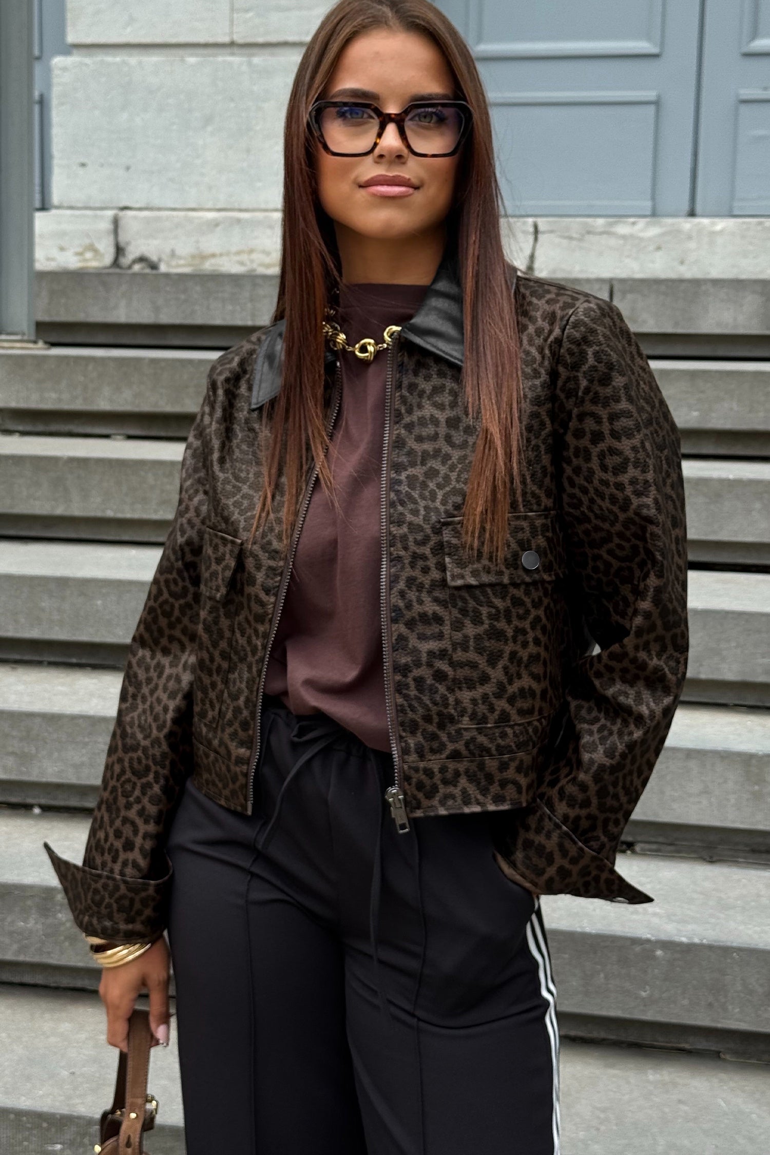 Multicolour Leopard Print Colorblock Collar Metal Placket Jacket
