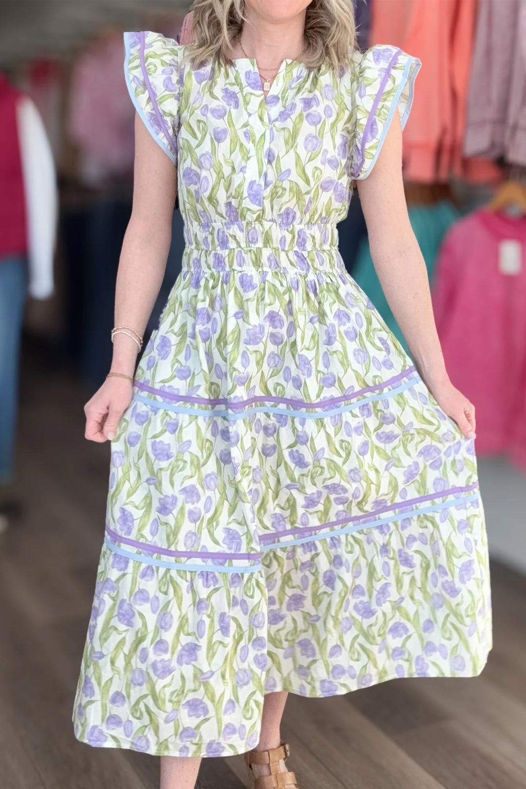 Purple Tulip Floral Print Contrast Trim Midi Dress