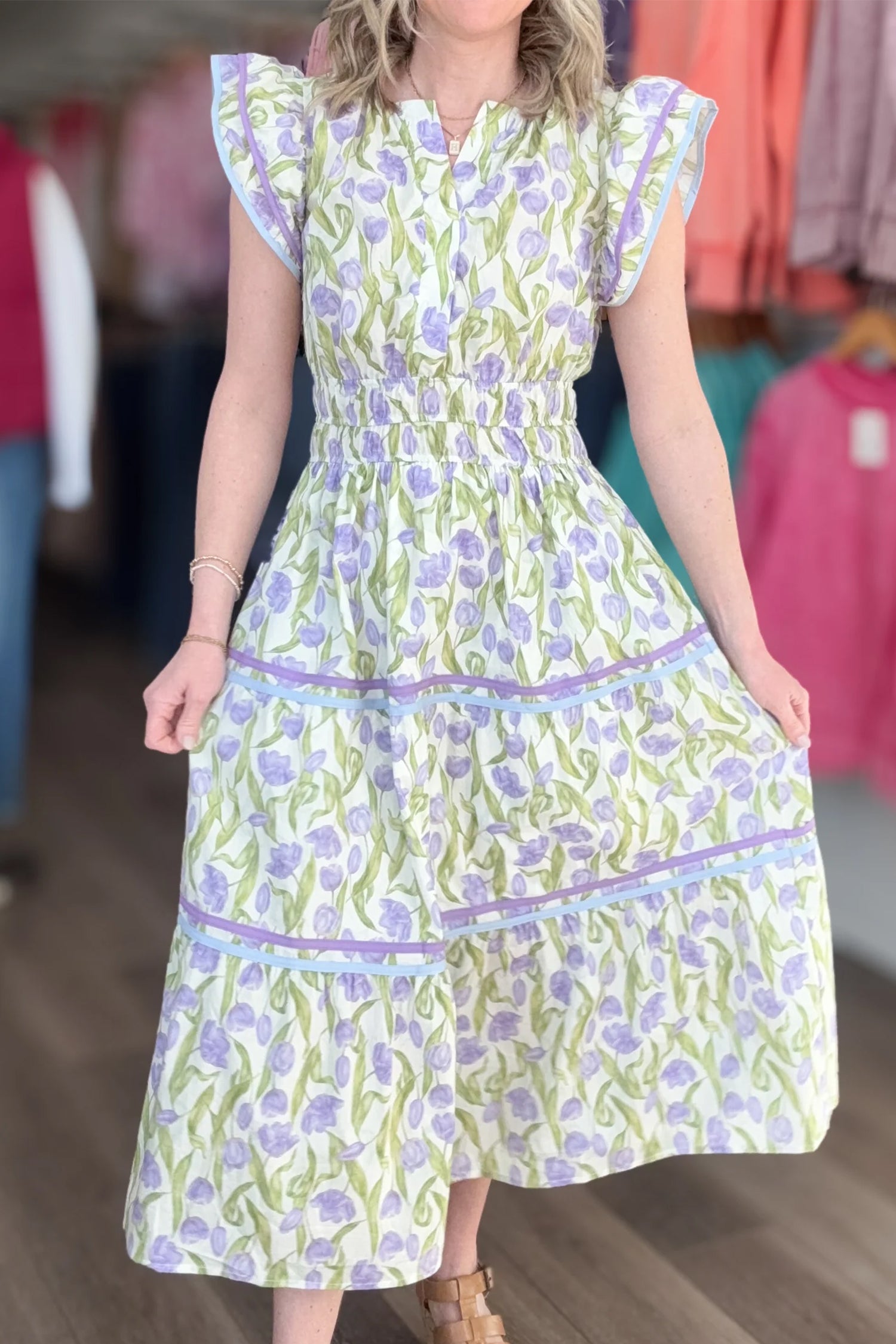 Purple Tulip Floral Print Contrast Trim Midi Dress