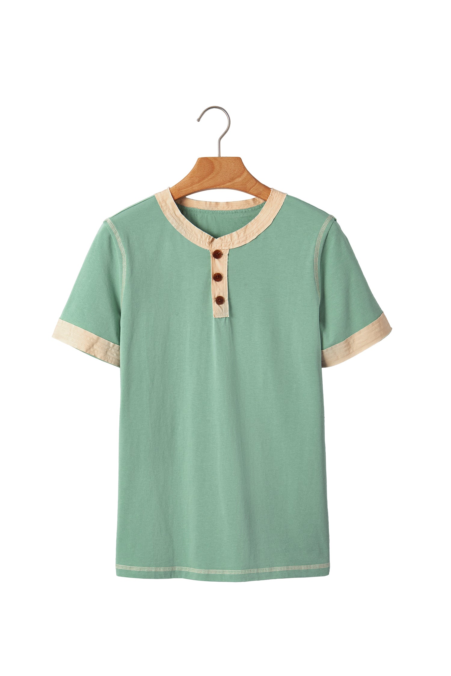 Mint Green Raw Seam Color Block Detail Buttoned Henley Tee