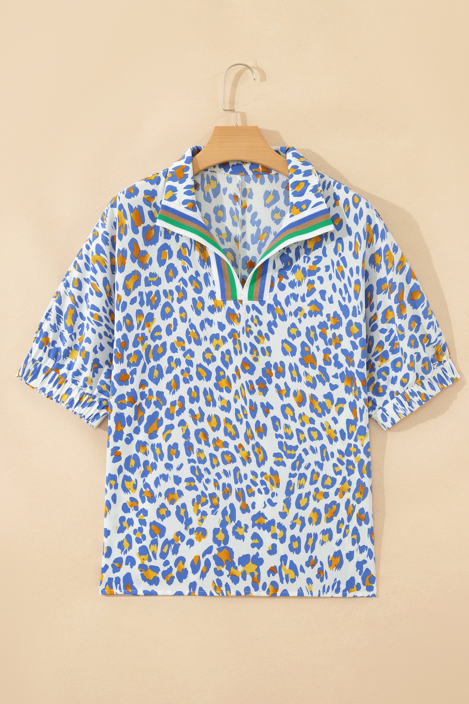 Sky Blue Leopard Color Block Contrast Striped V Neck Half Sleeve Loose Fit Blouse