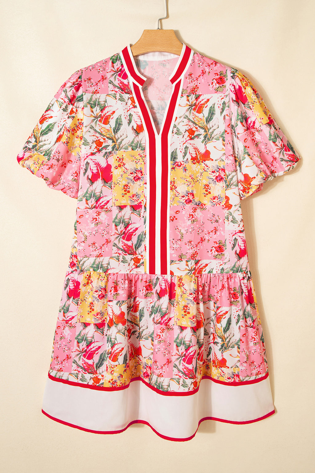 Pink Color Block Floral Print Contrast Trim V Neck Ruffle Hem Mini Dress