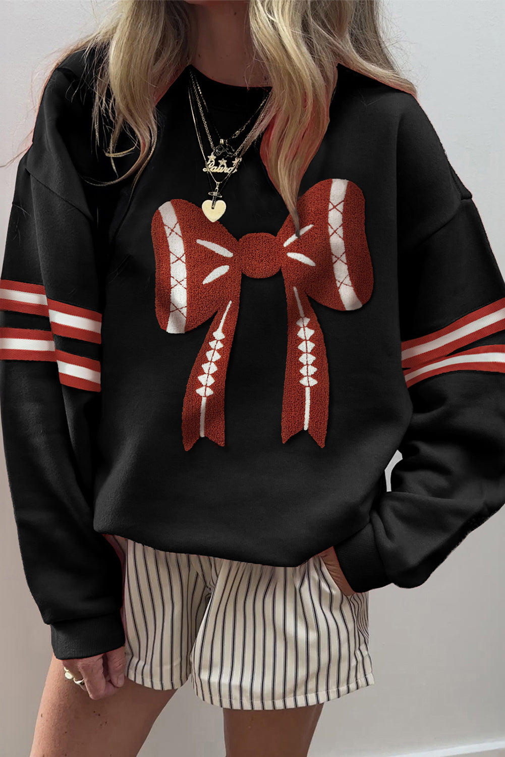 Baseball Bow Graphic Striped Sleeve Baggy Sweatshirt