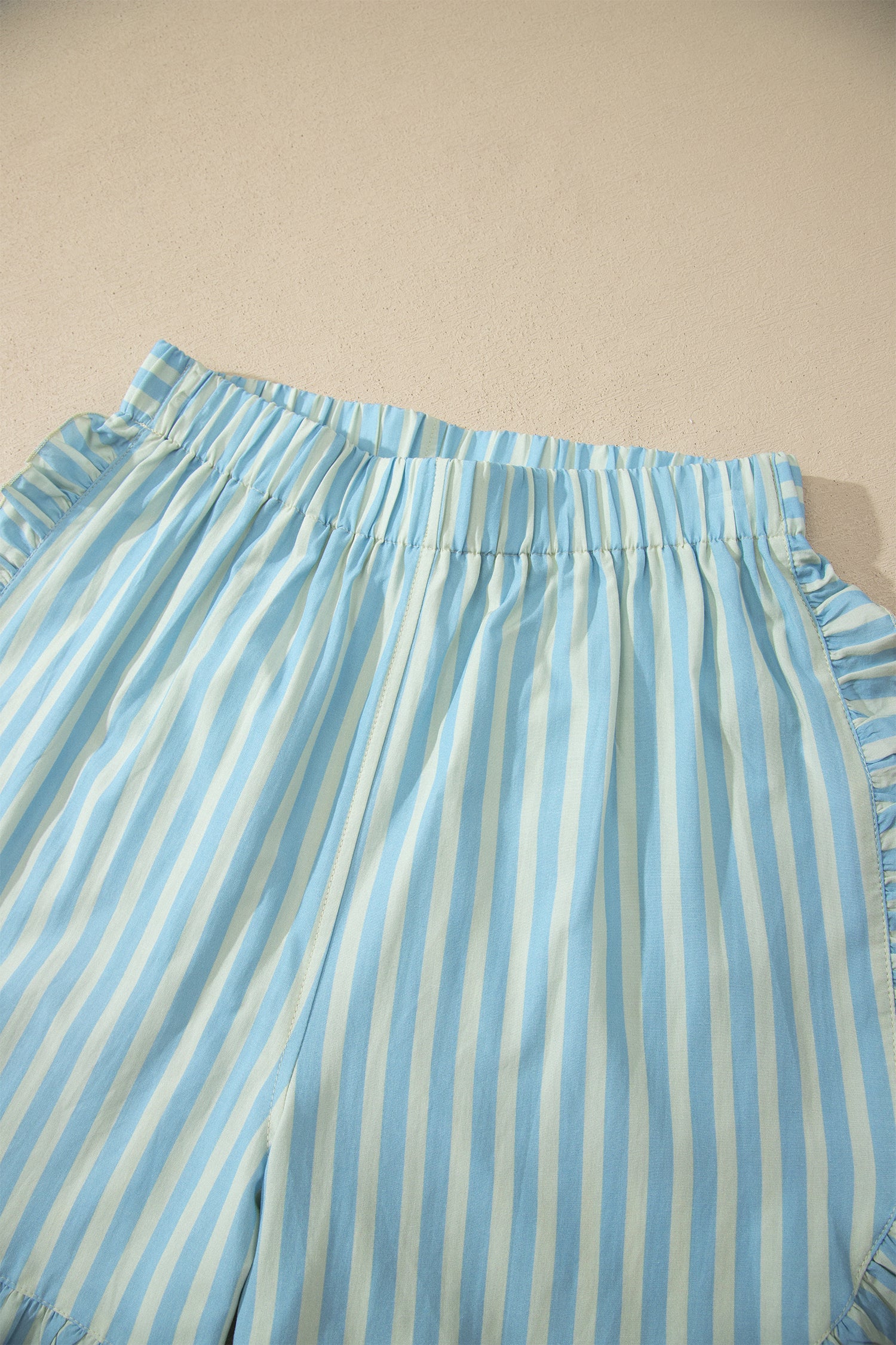 Sky Blue Stripe Elastic Waist Ruffle Trim Casual Shorts