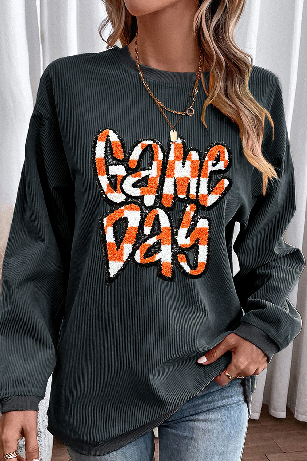 Dark Blue Chenille Checkered Game Day Graphic Drop Shoulder Corded Sweatshirt