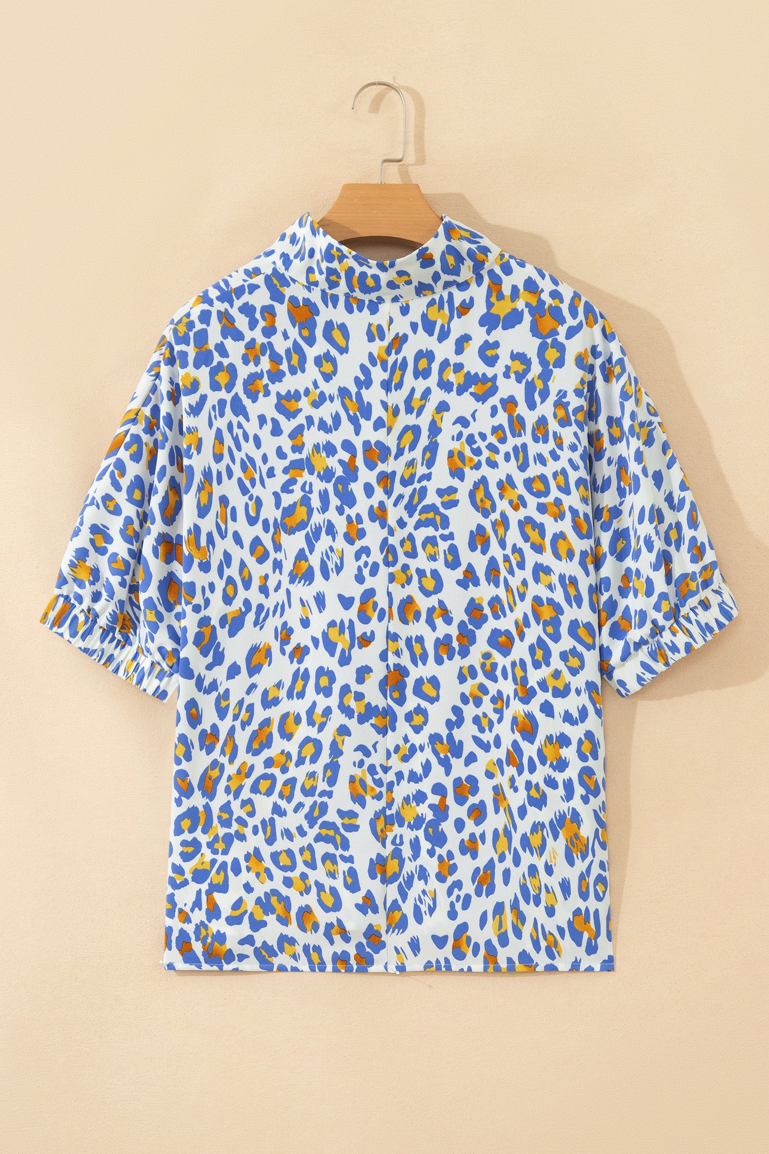 Sky Blue Leopard Color Block Contrast Striped V Neck Half Sleeve Loose Fit Blouse