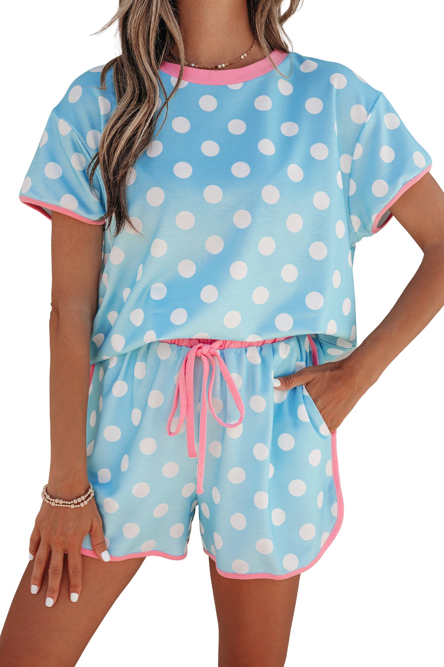 Pink Polka Dot Contrast Edge Casual Short Set