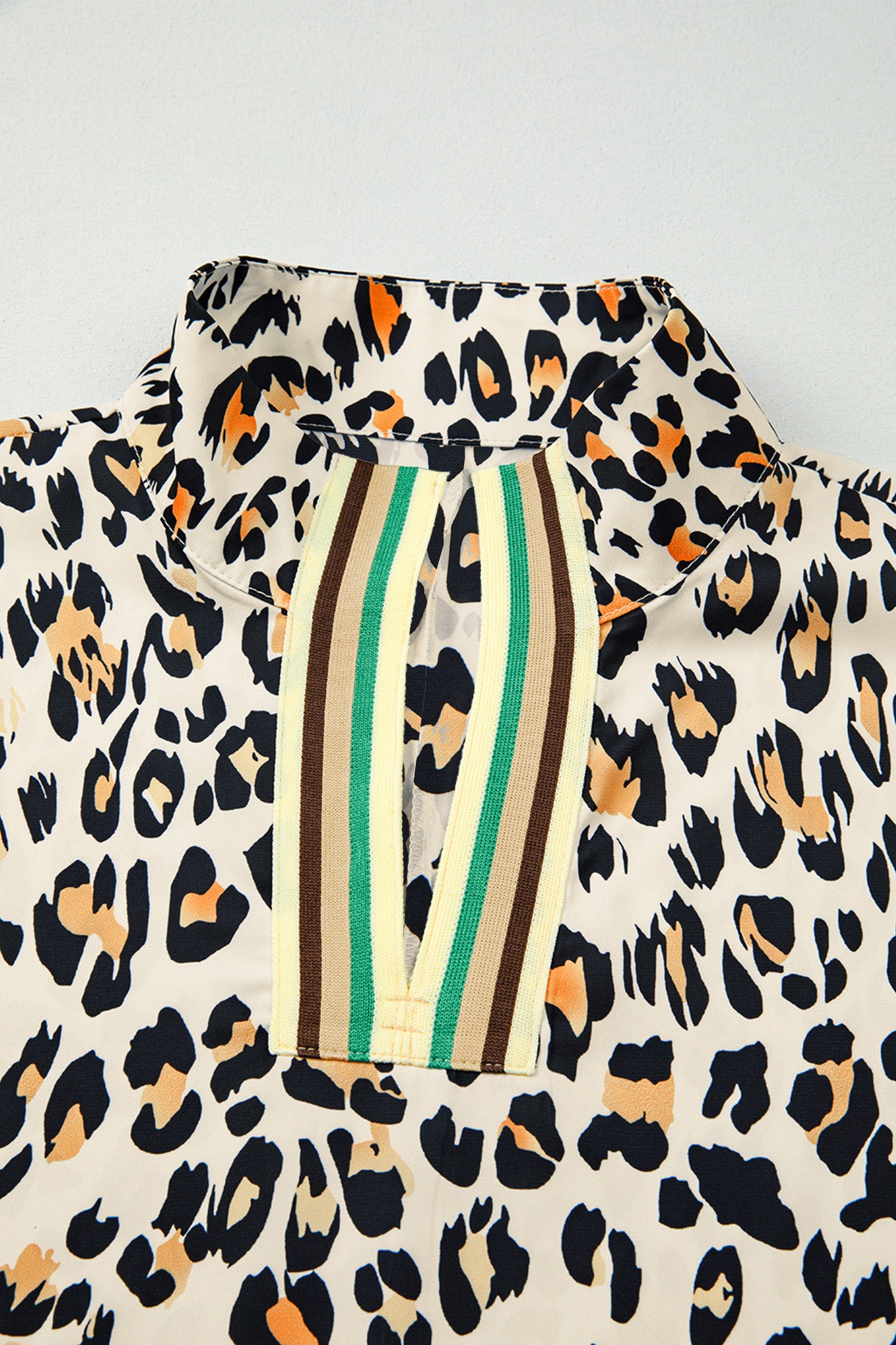 Sky Blue Leopard Color Block Contrast Striped V Neck Half Sleeve Loose Fit Blouse
