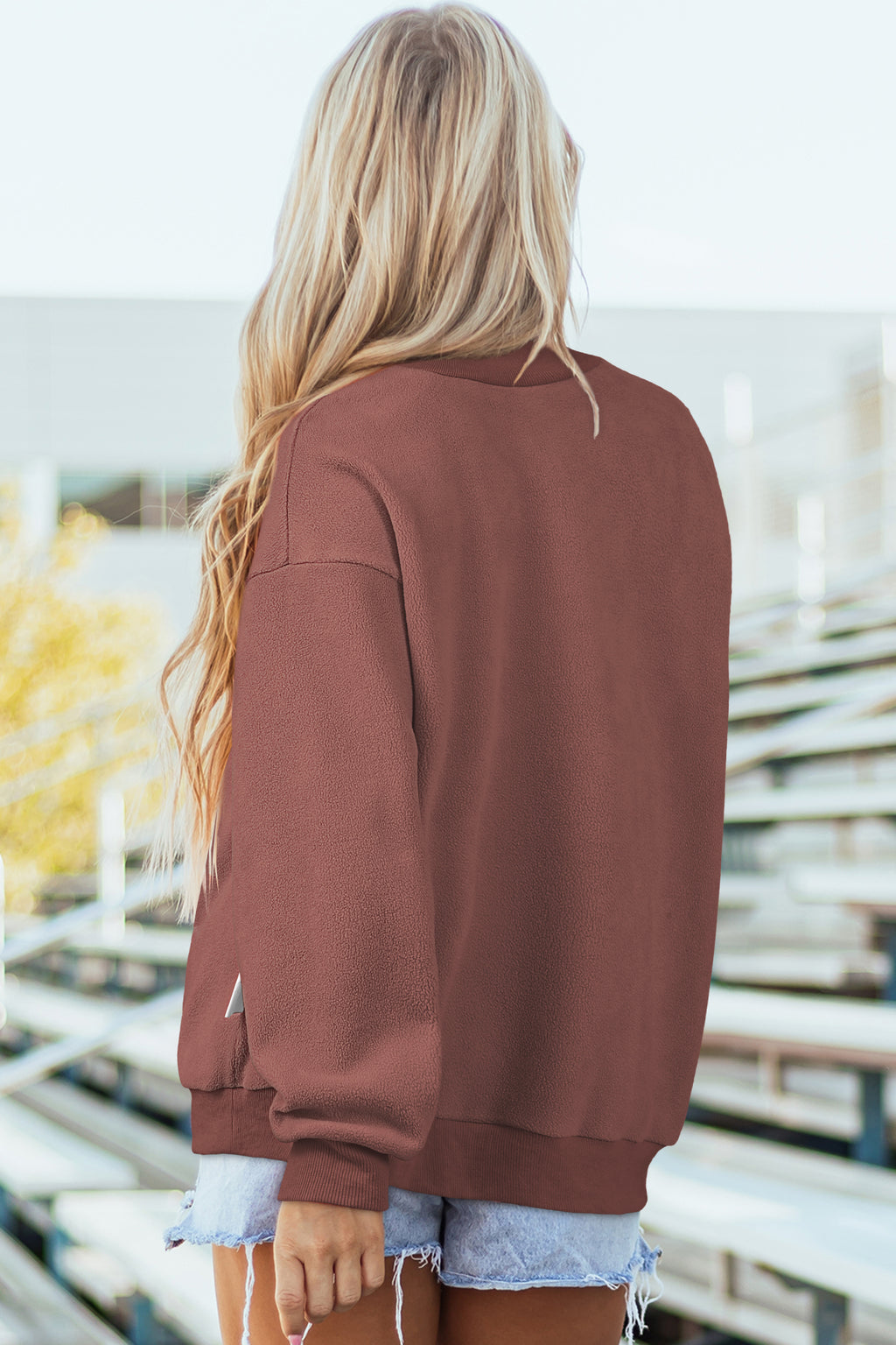 Red Dahlia Oversize Drop Shoulder Reversible Mock Neck Sweatshirt