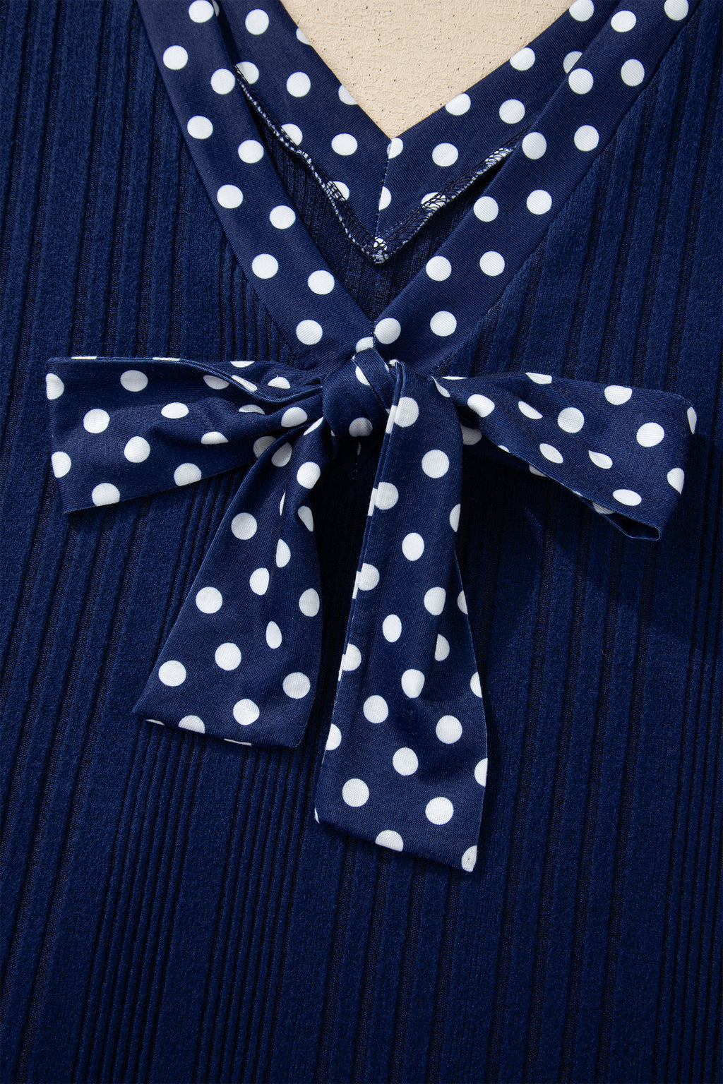 Blue Polka Dot Trimmed V Neck Bow Tie Textured Ribbed Top