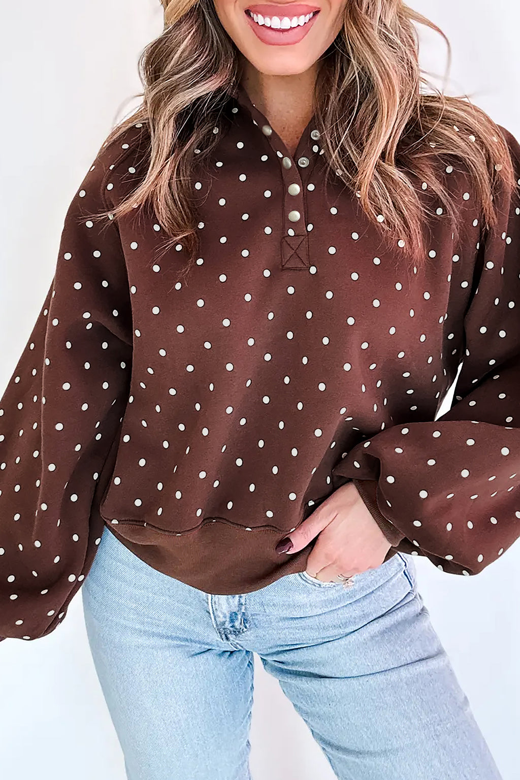 Red Polka Dot Print Metal Button Collar Casual Pullover Sweatshirt