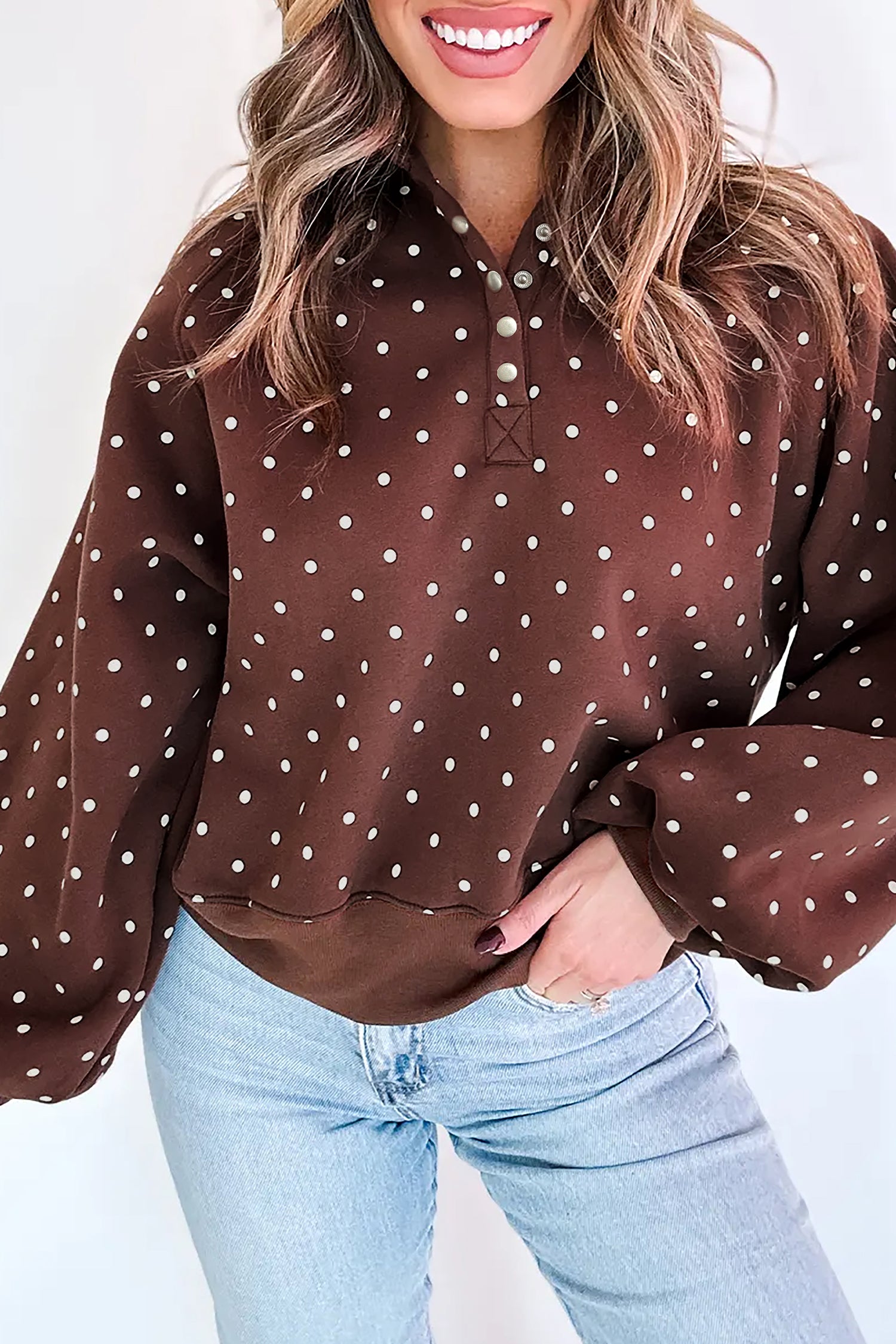 Red Polka Dot Print Metal Button Collar Casual Pullover Sweatshirt