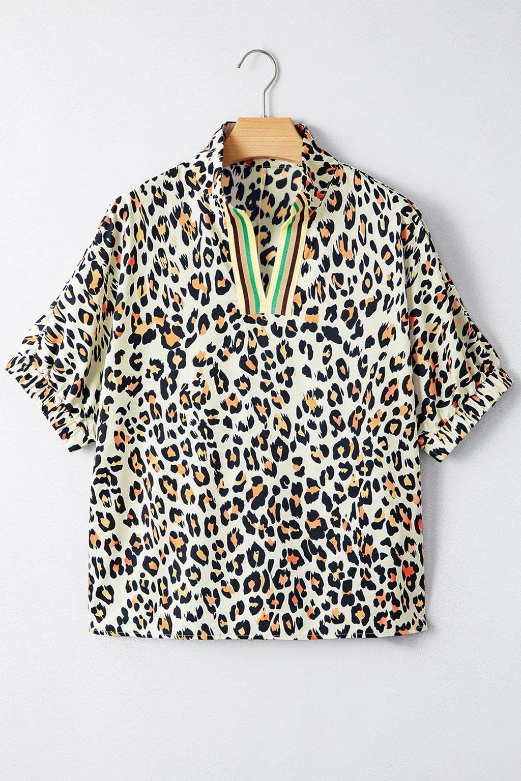 Sky Blue Leopard Color Block Contrast Striped V Neck Half Sleeve Loose Fit Blouse