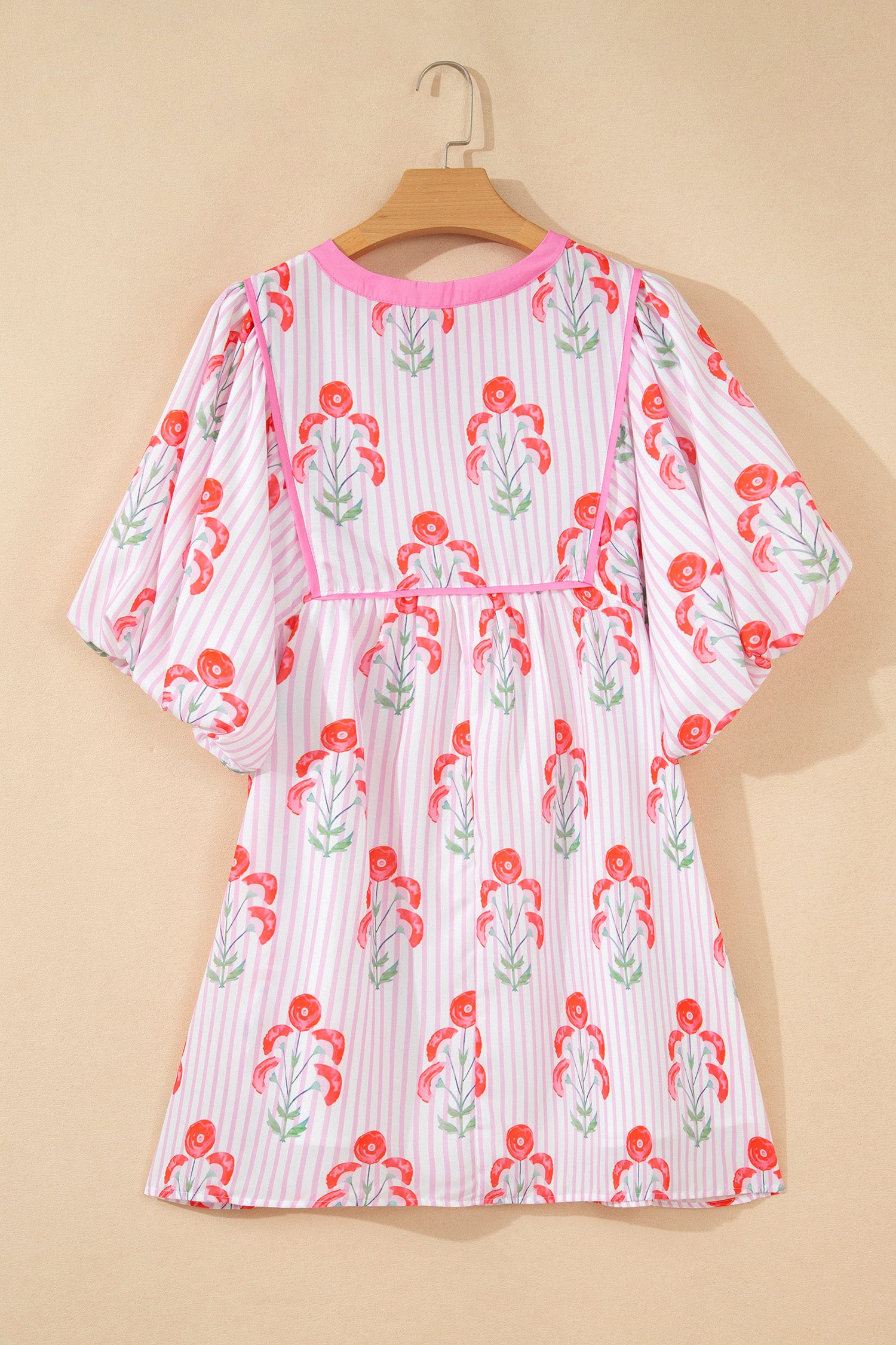 Pink Floral Striped Print Tie Notched Neck Puff Sleeve Flared Mini Dress