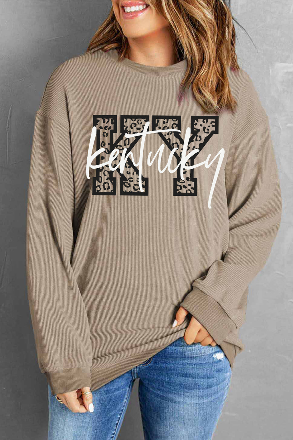 Kentucky KY Leopard Lettering Ribbed Baggy Sweatshirt