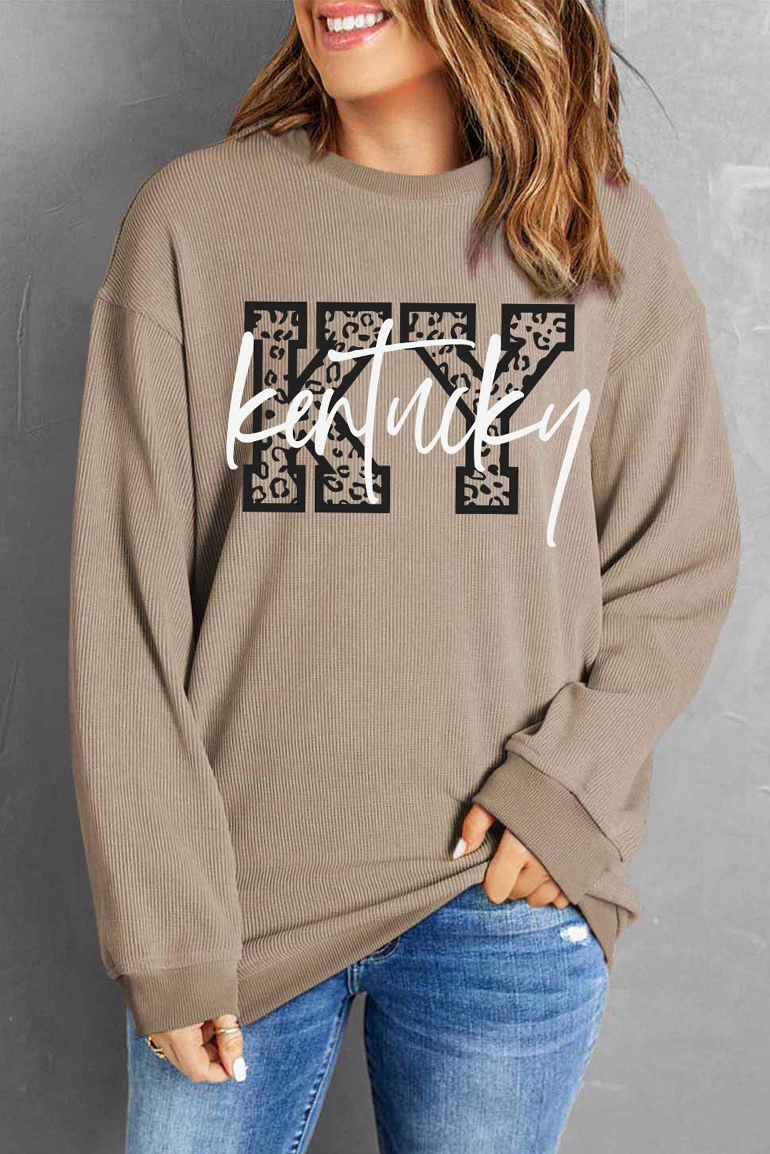 Kentucky KY Leopard Lettering Ribbed Baggy Sweatshirt