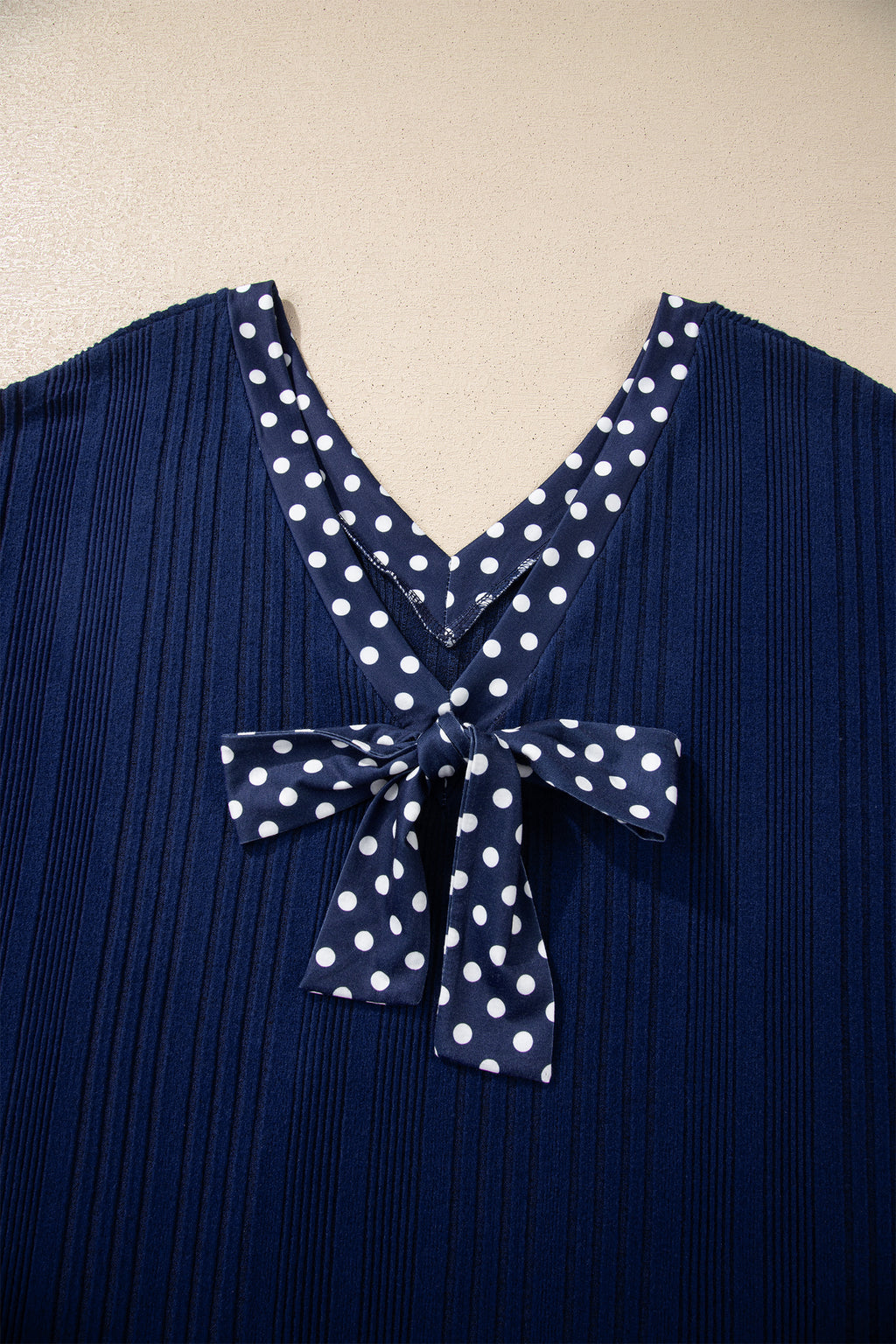 Blue Polka Dot Trimmed V Neck Bow Tie Textured Ribbed Top