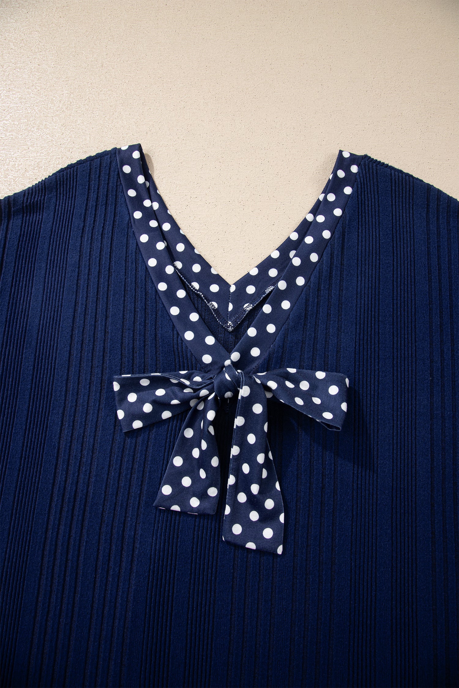 Blue Polka Dot Trimmed V Neck Bow Tie Textured Ribbed Top