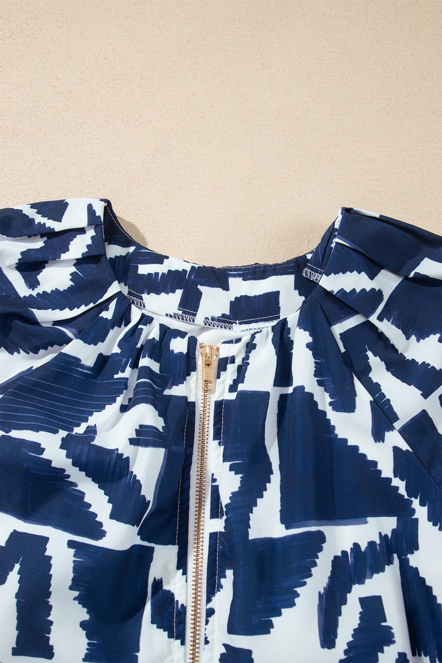 Blue Abstract Geometric Print Zip Front Tie Waist Shift Dress