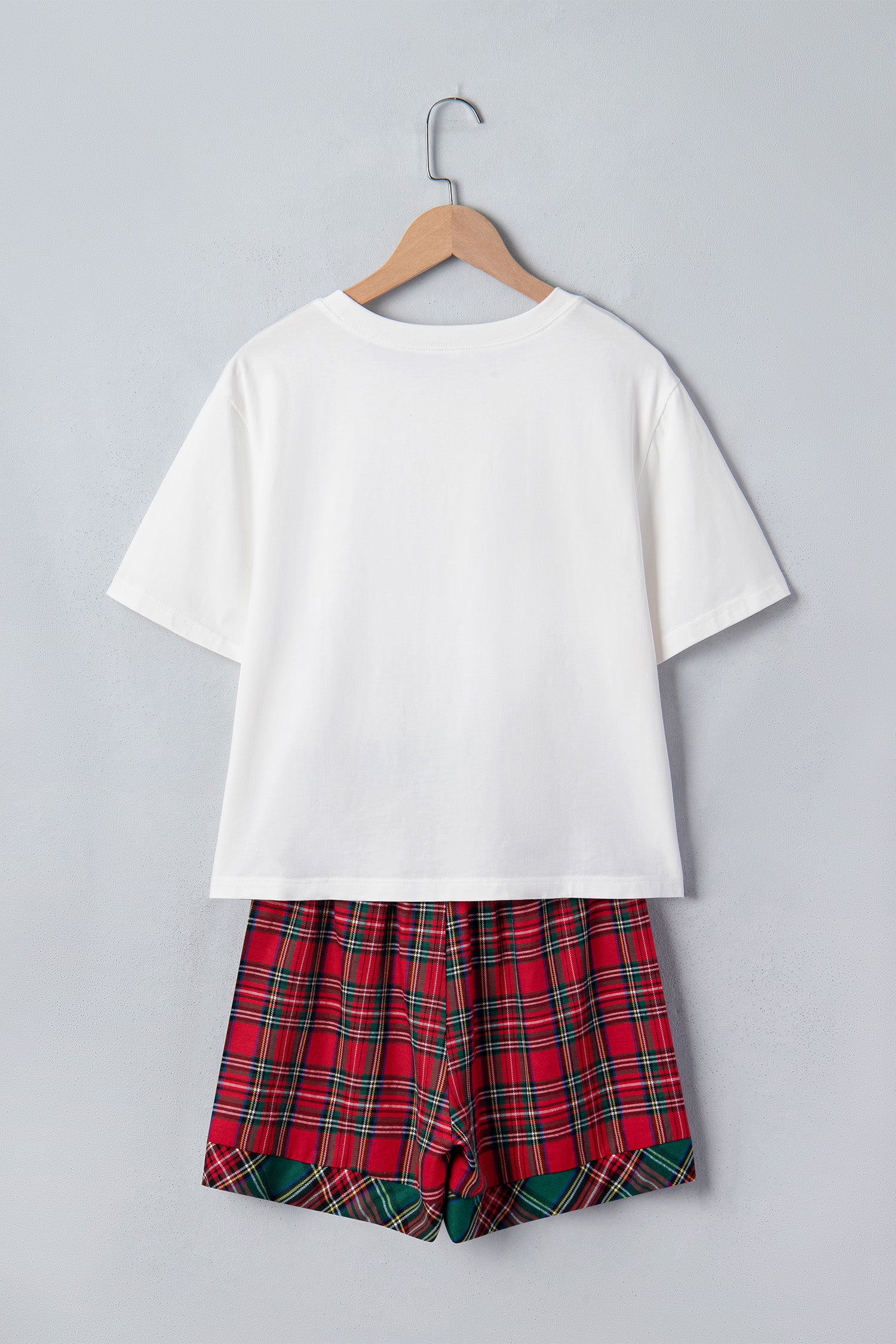White Plaid Letter Print Short Sleeve Top Elastic Waist Pocket Shorts Lounge Set